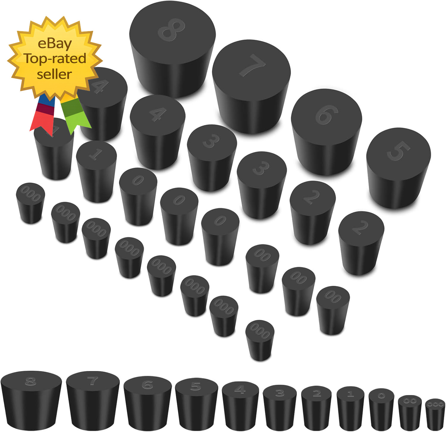 26 Pack Solid Rubber Stoppers – 11 Assorted Sizes Stopper Plugs, 000# – 8# Sizes