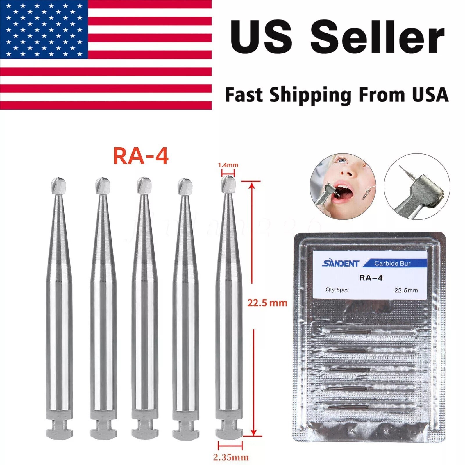25 Pcs/5 Pack Dental 22.5mm Round Carbide Bur Slow Speed Latch Type RA4 Burs USA