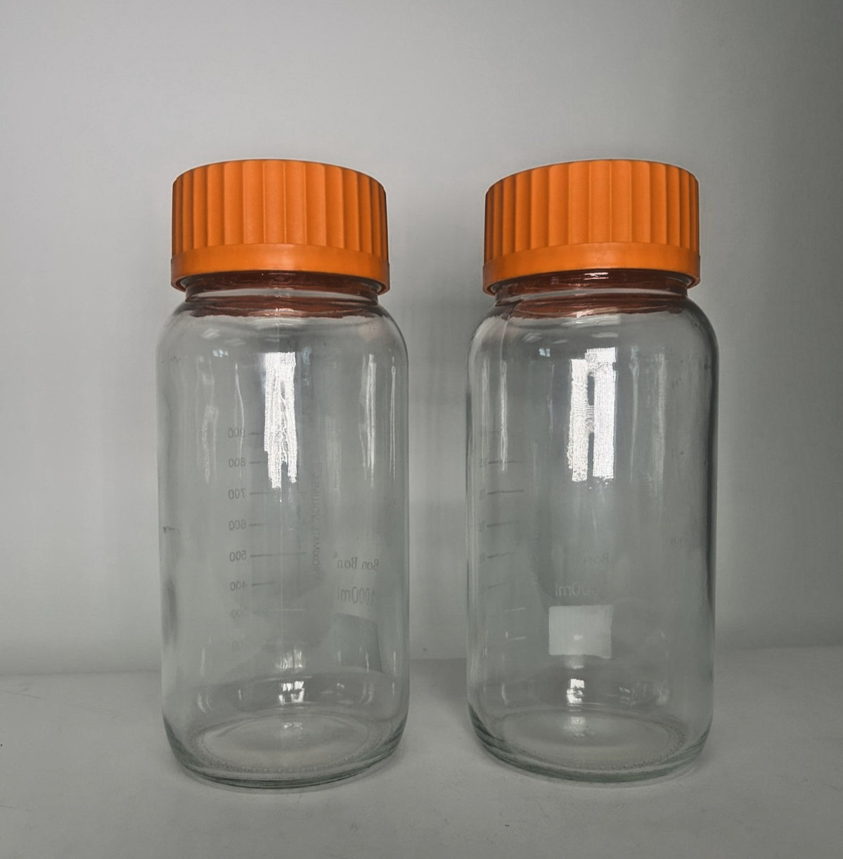 Lot of 2 BonBon 1000mL GLS80 Glass Lab Bottles – Wide Mouth – Orange Caps