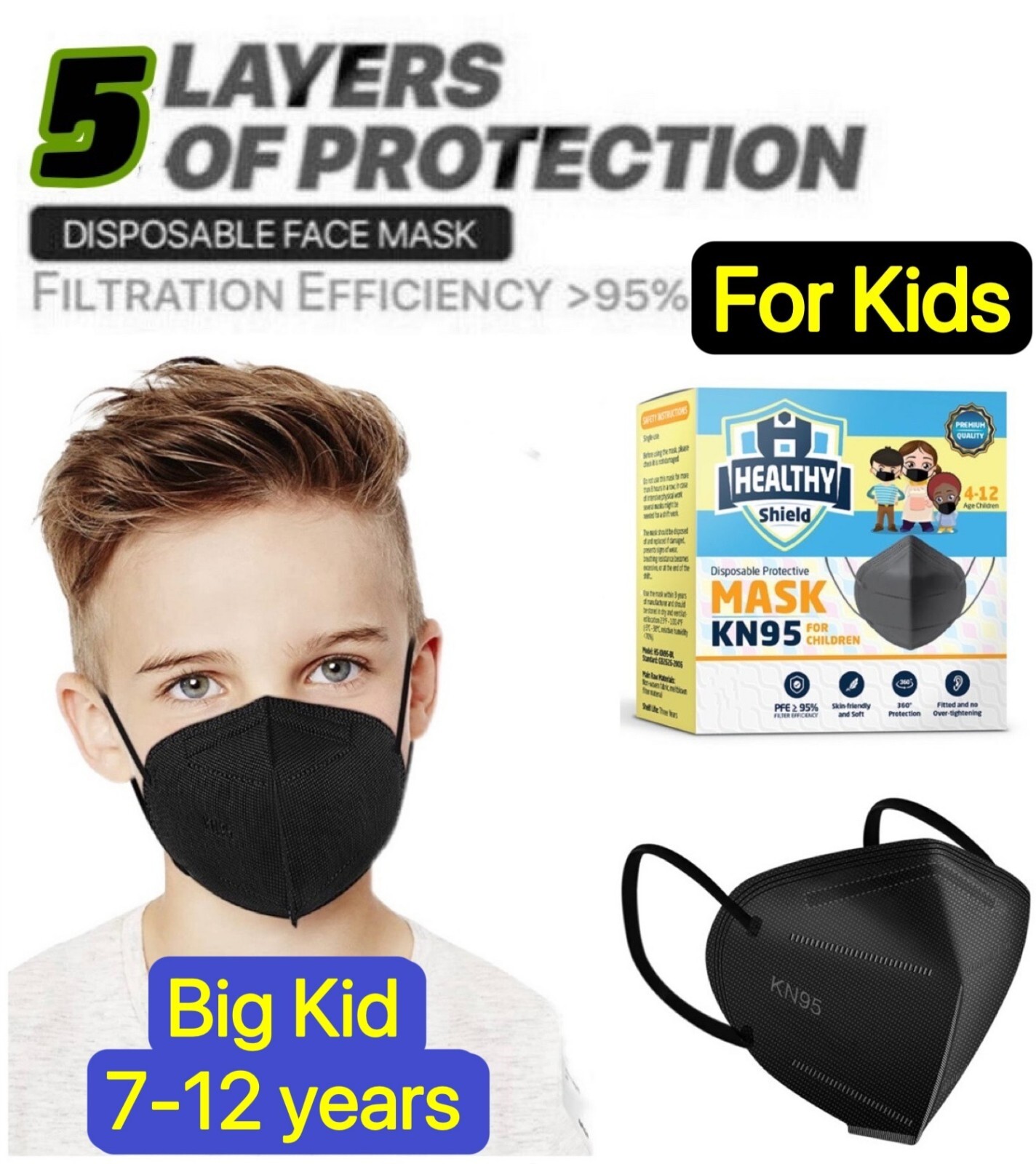 10-40Pcs Black KN95 Protective 5 Layer Face Mask BFE 95% Disposable Masks kids
