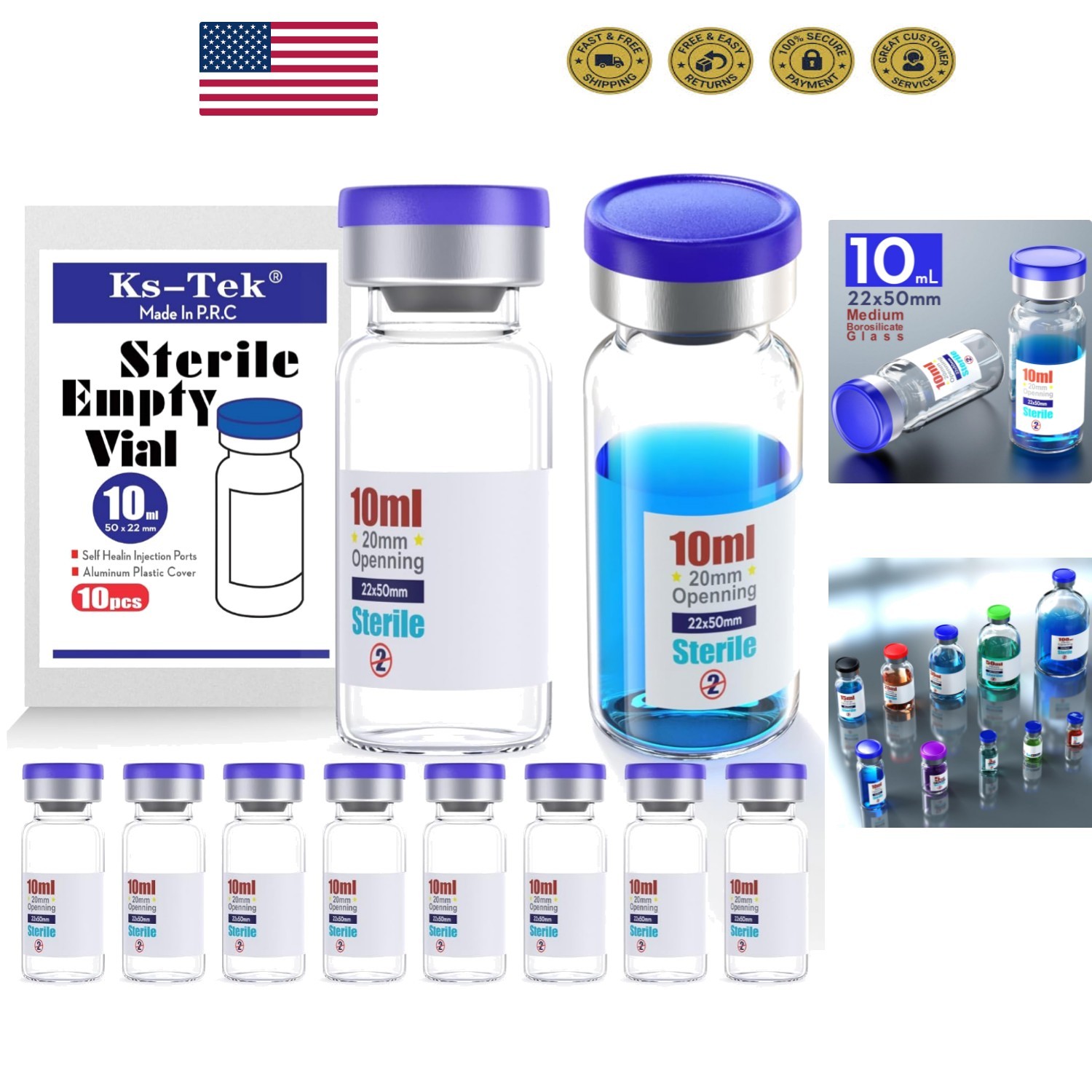 10ml Sterile Vials with Aluminum Cap – Self-Healing Injection Ports, Lab Use
