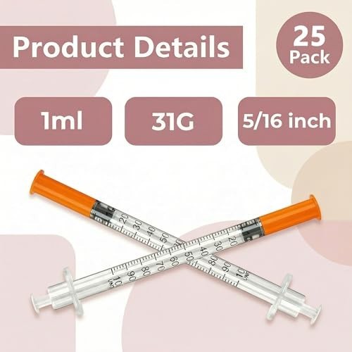 1ml 31G 5/16 Inch 8mm Syringes Box of 100 Individually Wrapped Lab Liquid