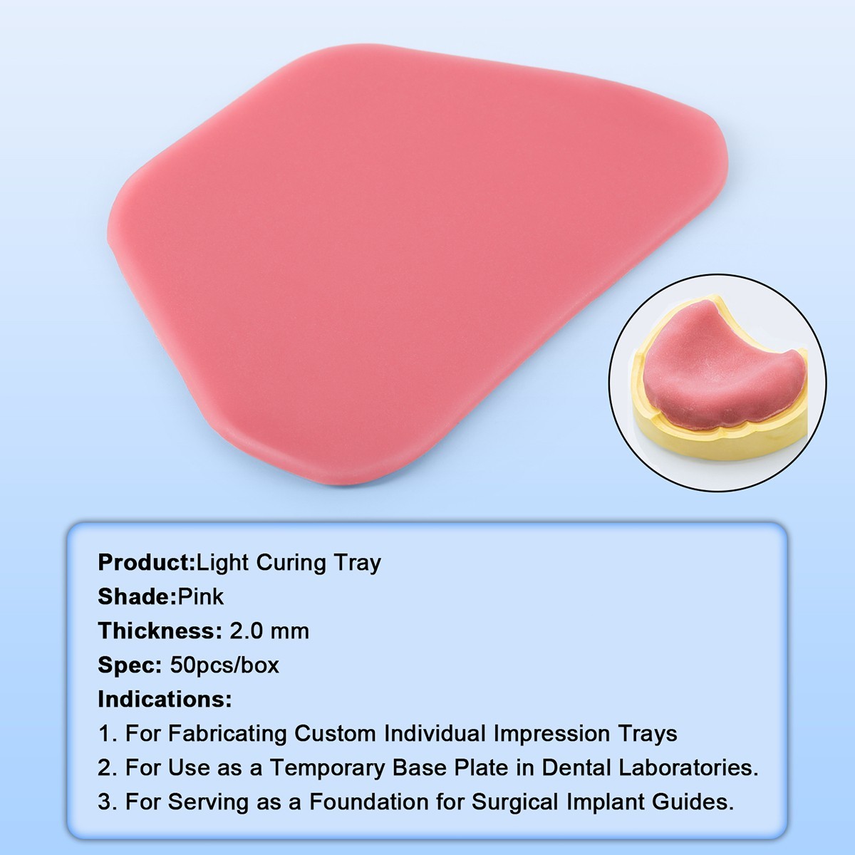 Dental Light Cure Custom Tray Material Pink Base Plates Implant 2mm 50 Pcs/Box