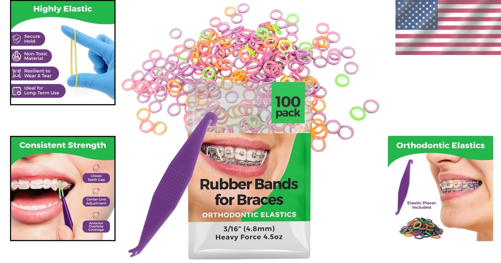 Comfortable 3/16 Neon Elastic Bands – Ideal for Braces, Hair & Crafts, 100 Pack