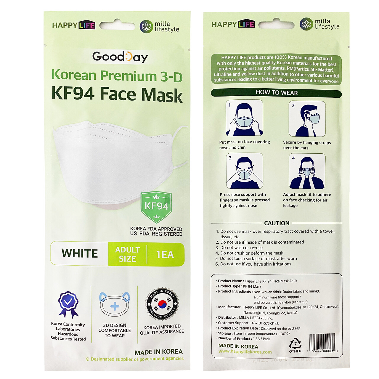 2 Pack KF94 WHITE Protective Face Mask Adult Made in Korea KFDA Approved