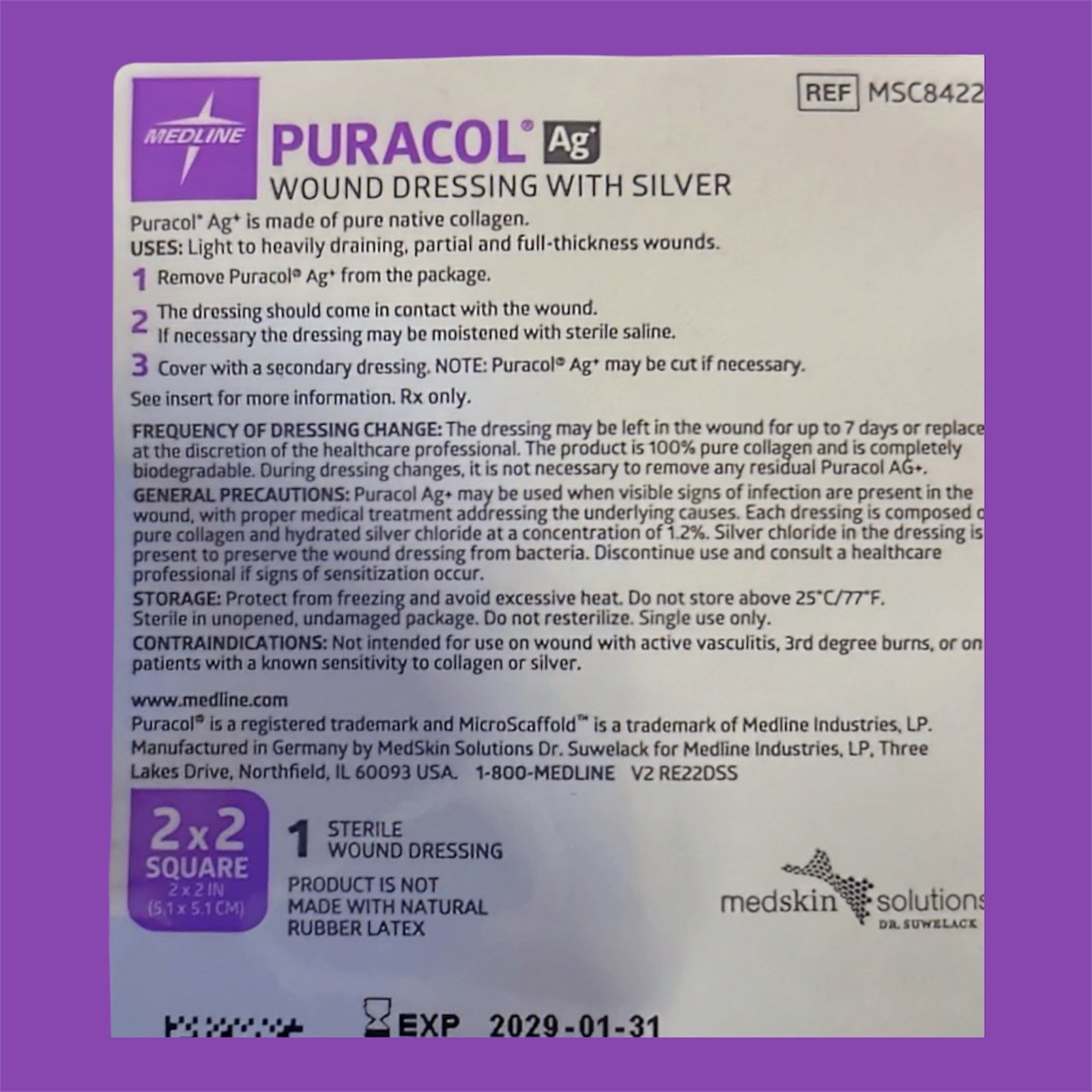 Medline Puracol Ag Collagen Wound Dressing w/ Silver 2×2 in, MSC8422