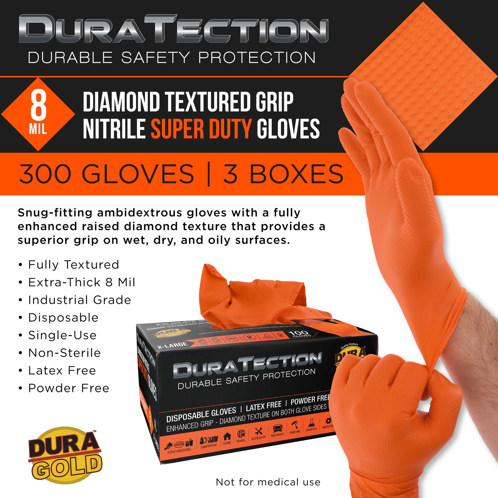 Duratection 8Mil Super Duty Diamond Textured Nitrile Gloves, 300 Gloves, X-Large