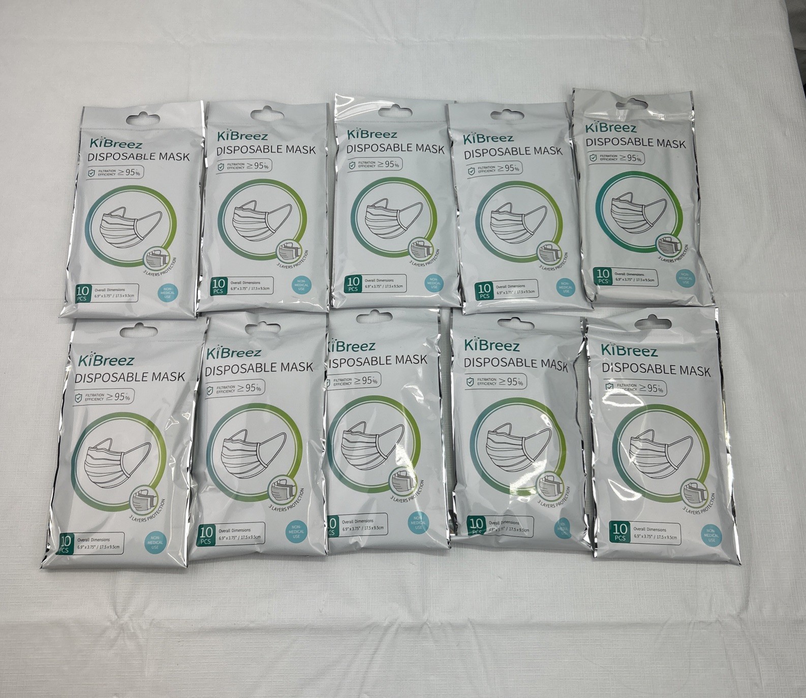 KiBreez Disposable Face Mask Lot of 100 PCS (10-10 packs) 3 Layers SEALED NIP