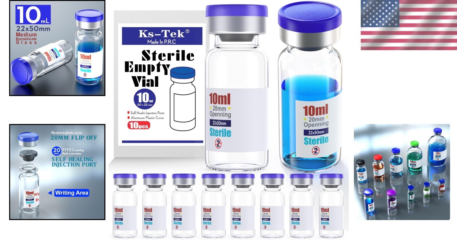 10ml Sterile Vials with Aluminum Cap – Self-Healing Injection Ports, Lab Use
