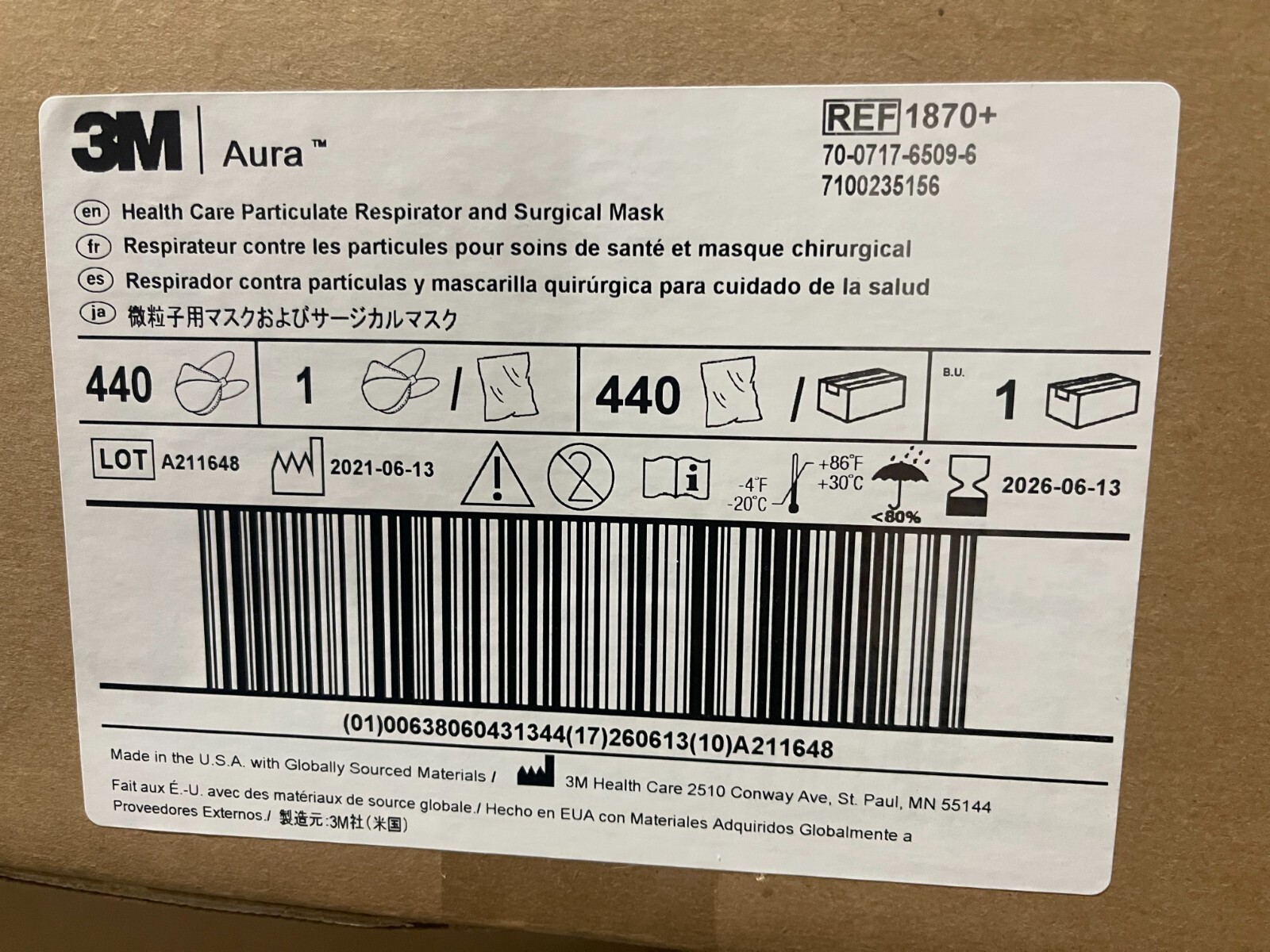 New Case of 440 3M Aura N95 1870+ Respirator and Surgical Face Masks, Exp. 2026