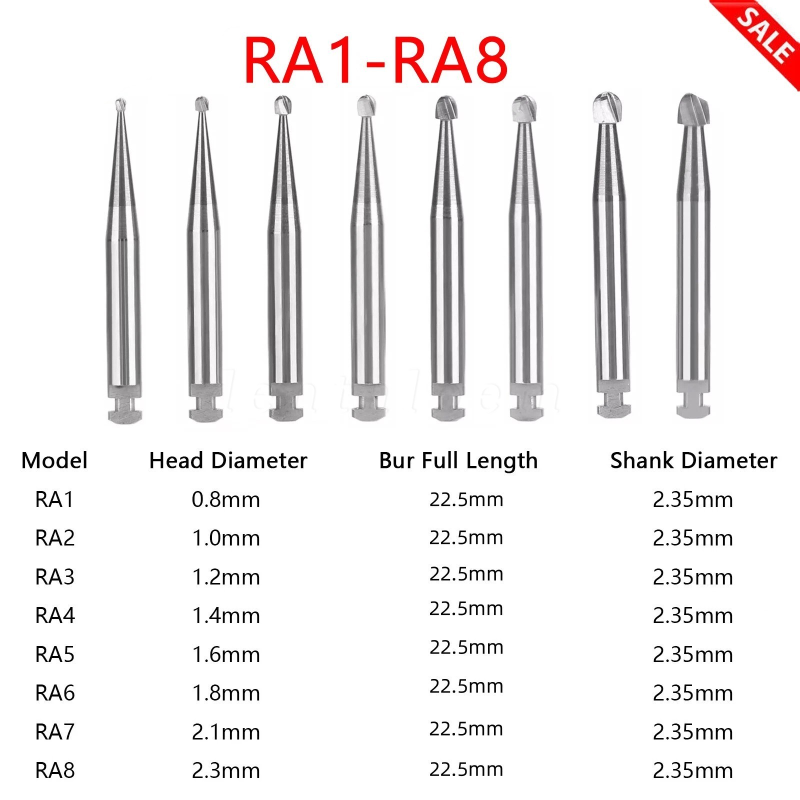 8 Types Dental Round Carbide Burs For Slow Speed Contra Angle Latch Type RA #1-8