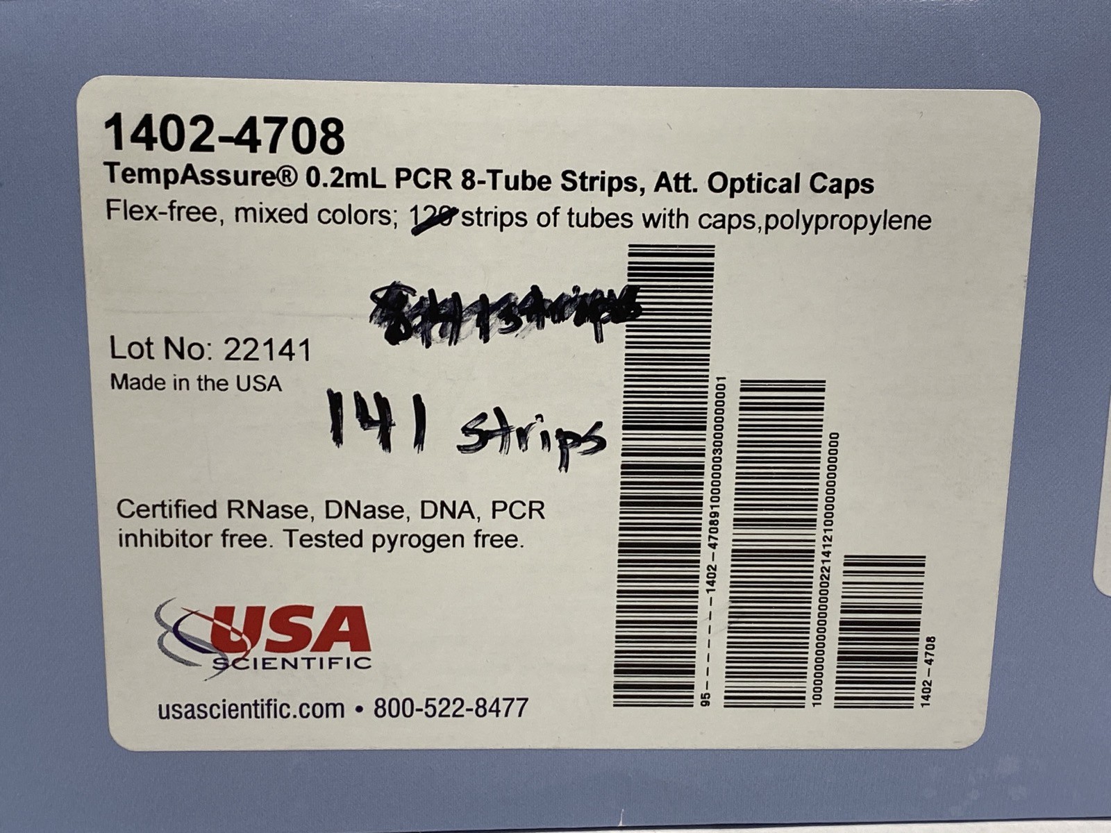 (141) USA TempAssure 0.2mL PCR 8-Tube Strip Centrifuge Tube Optical Cap 14024708