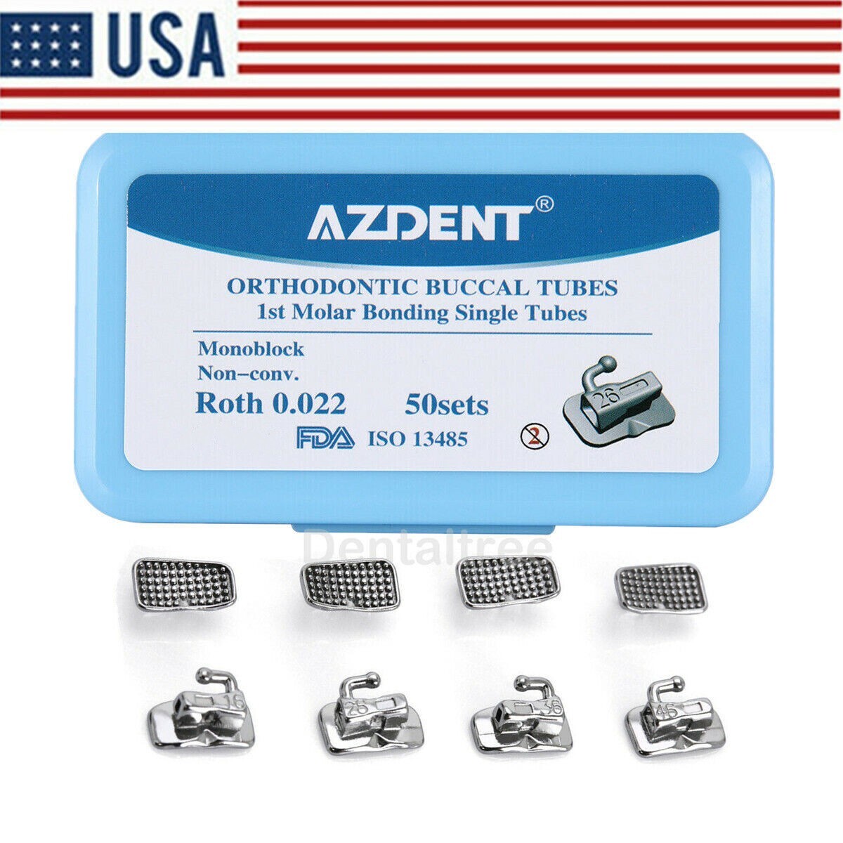 50Set AZDENT Dental Orthodontic Buccal Tube 1st Molar Roth 022 Bondable Non-Conv
