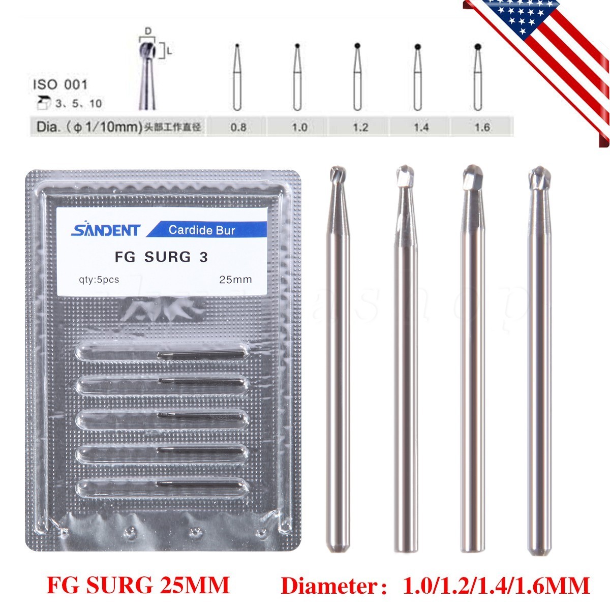 5pcs/box Dental FG Carbide Burs Surgical Drills for High Speed Handpiece