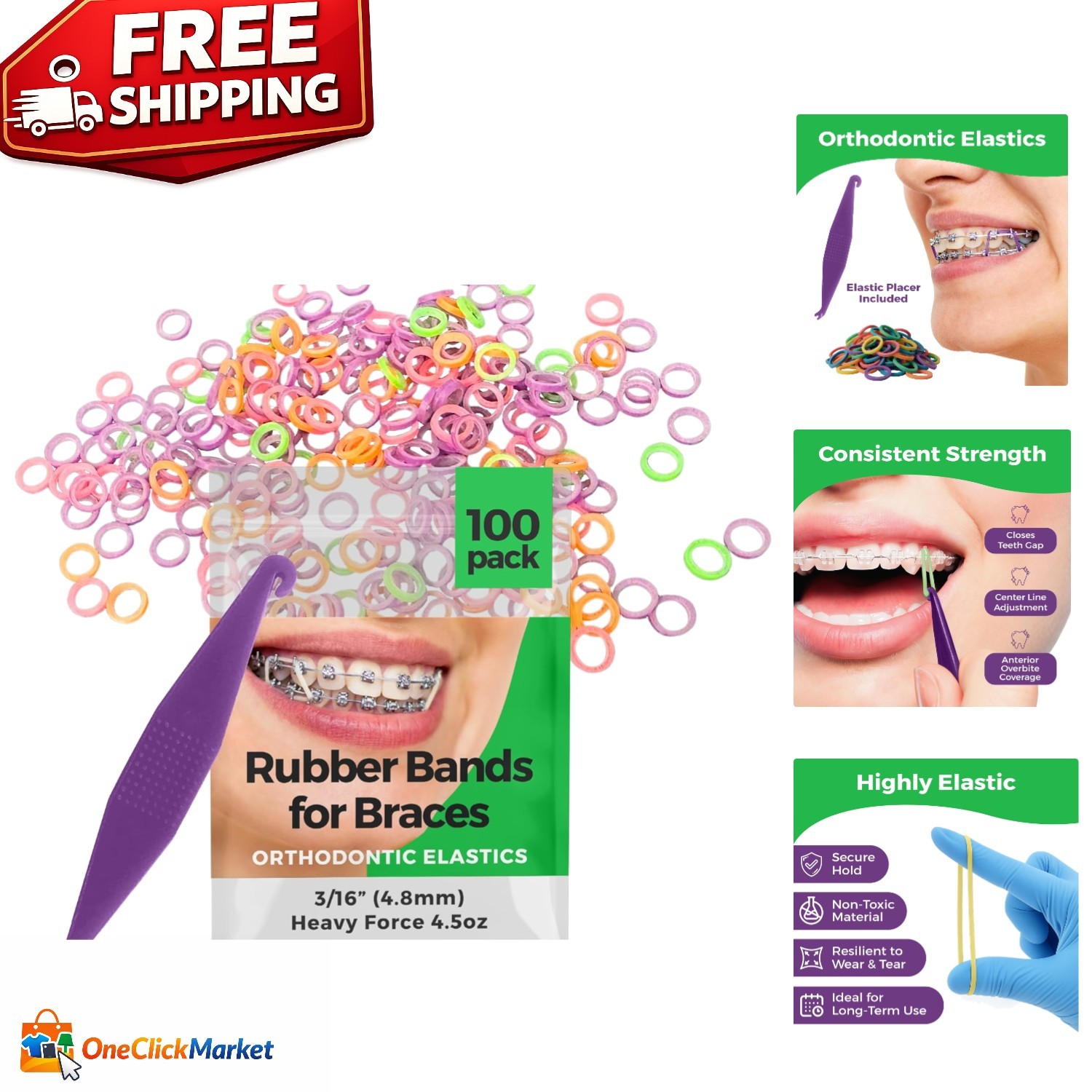 100 Pack of Heavy Duty Neon Orthodontic Rubber Bands for Braces – Secure Fit