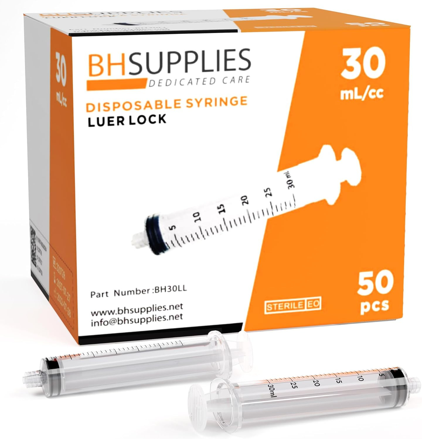 30Ml Luer Lock Tip Syringes, Sterile, Individually Wrapped, 50 Syringes