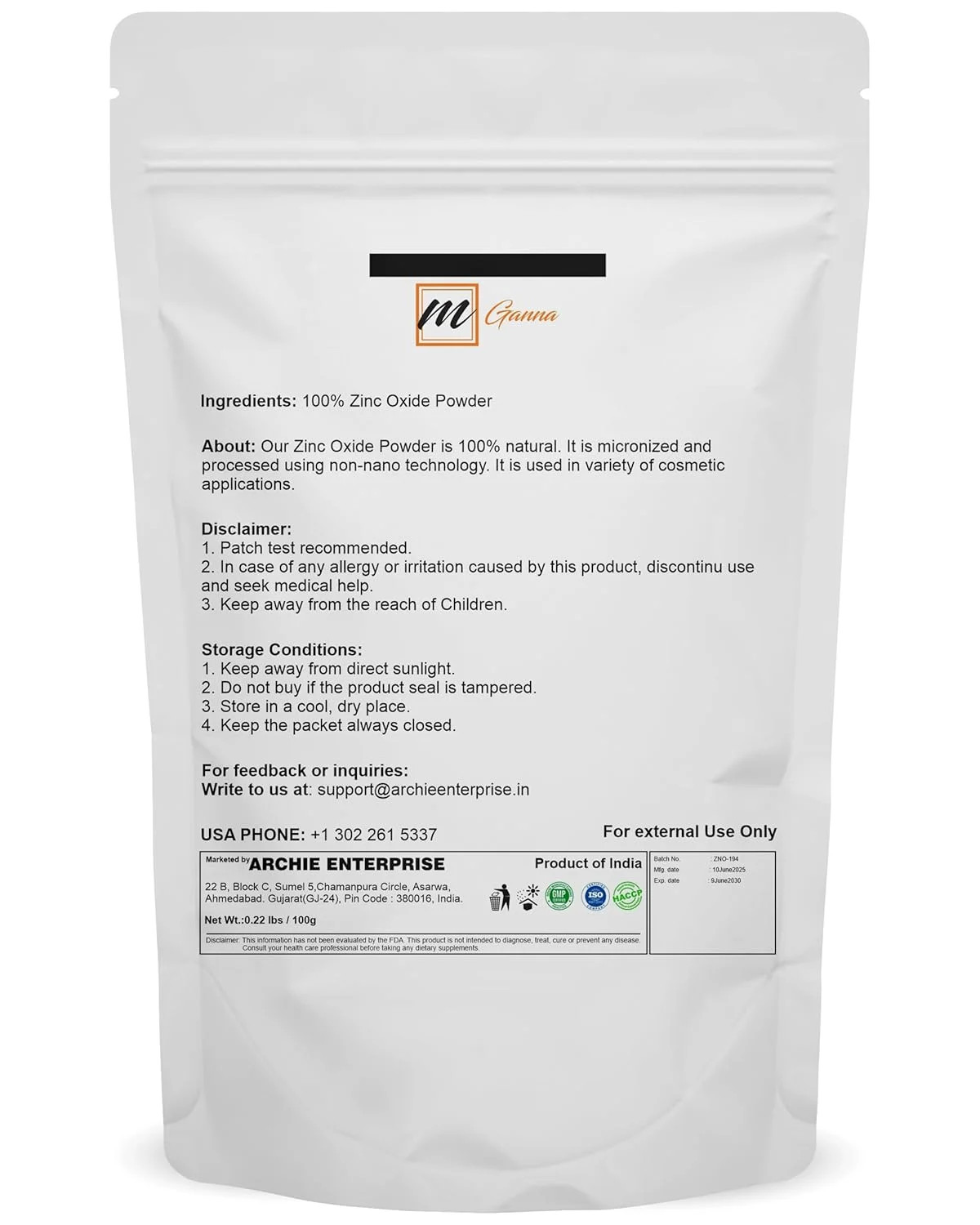 100% Natural Zinc Oxide Powder | Non-Nano Uncoated Particles 0.22 LBS / 100 GMS