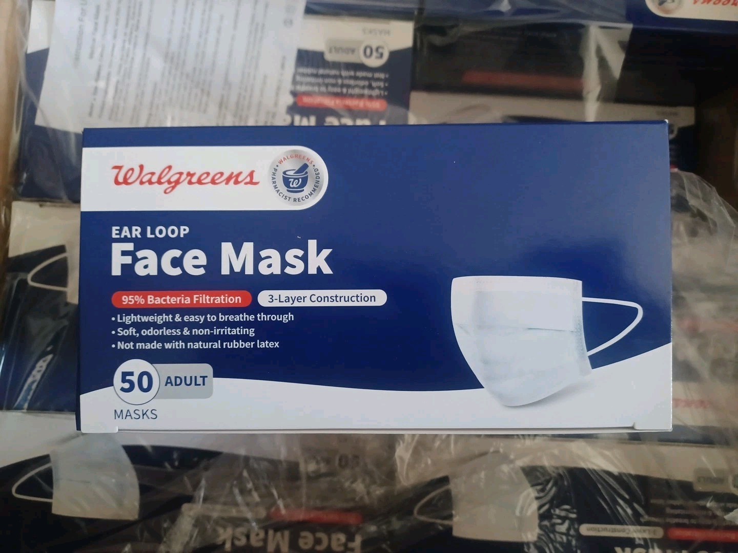 WALGREENS 20 Boxes of 3 Layer Construction Face Masks. 50 In Each Box.