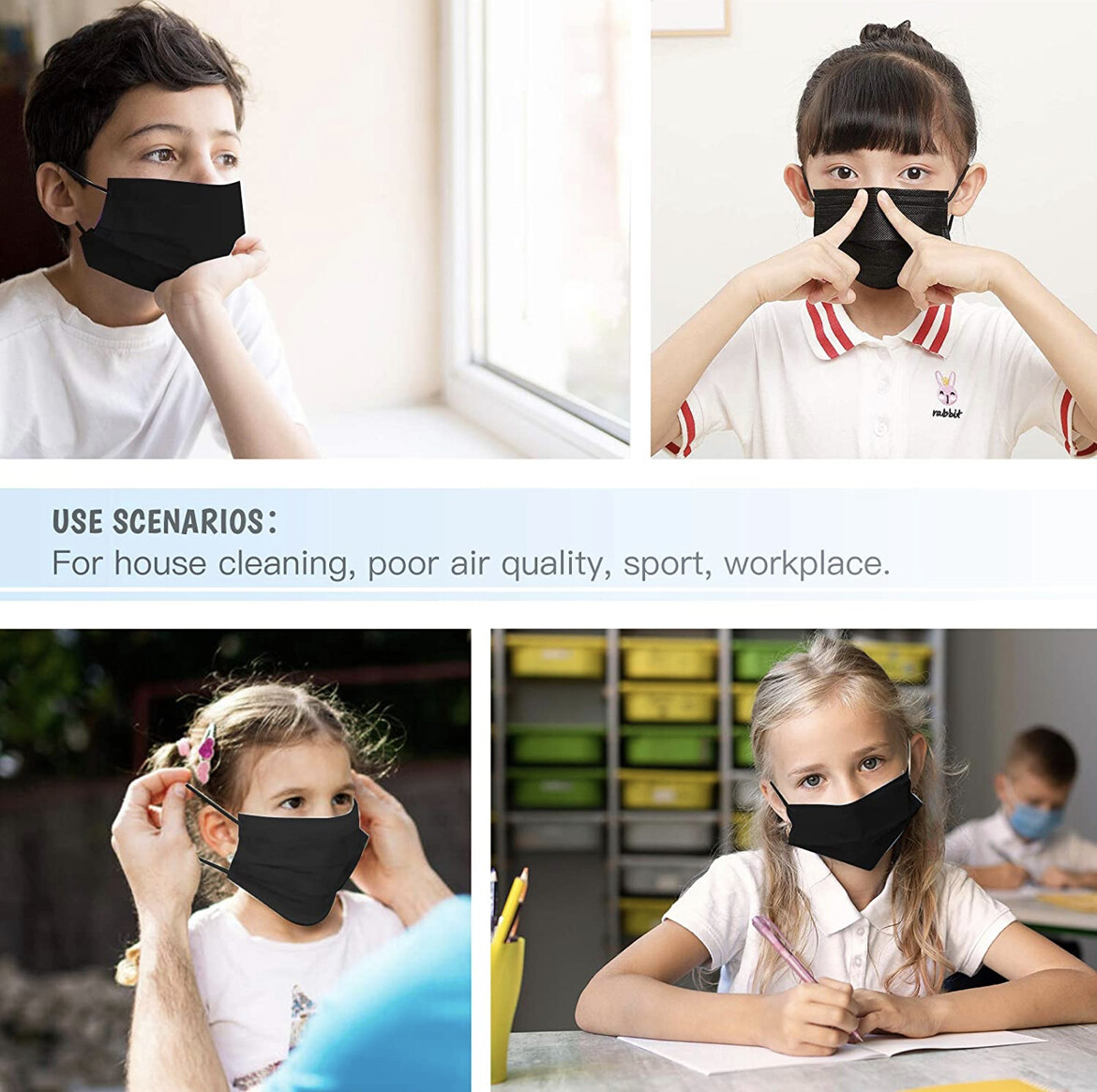 10/100PCS Black Face Mask Mouth & Nose Protector Respirator Disposable Kids Mask