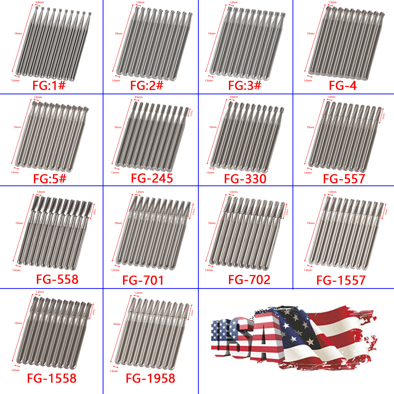 Fresas redondas de carburo de tungsteno dental FG1-FG5 Alta velocidad 10Pcs FXA