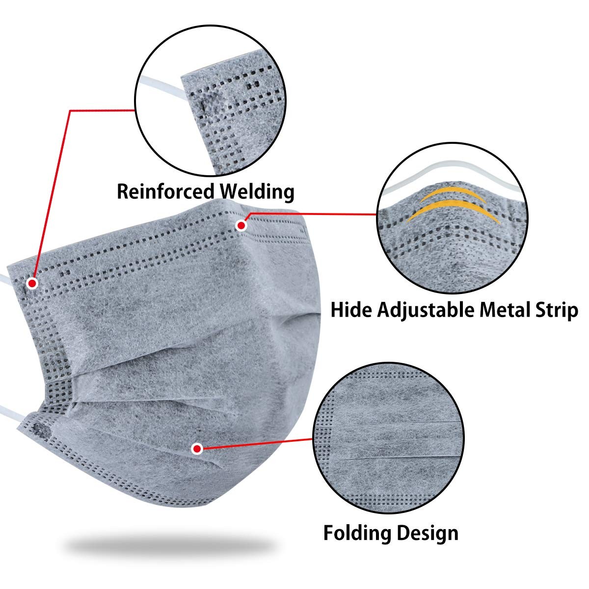 50 Pcs Disposable Face Mask 4-Layer Breathable Masks Dark Gray with White Ear…