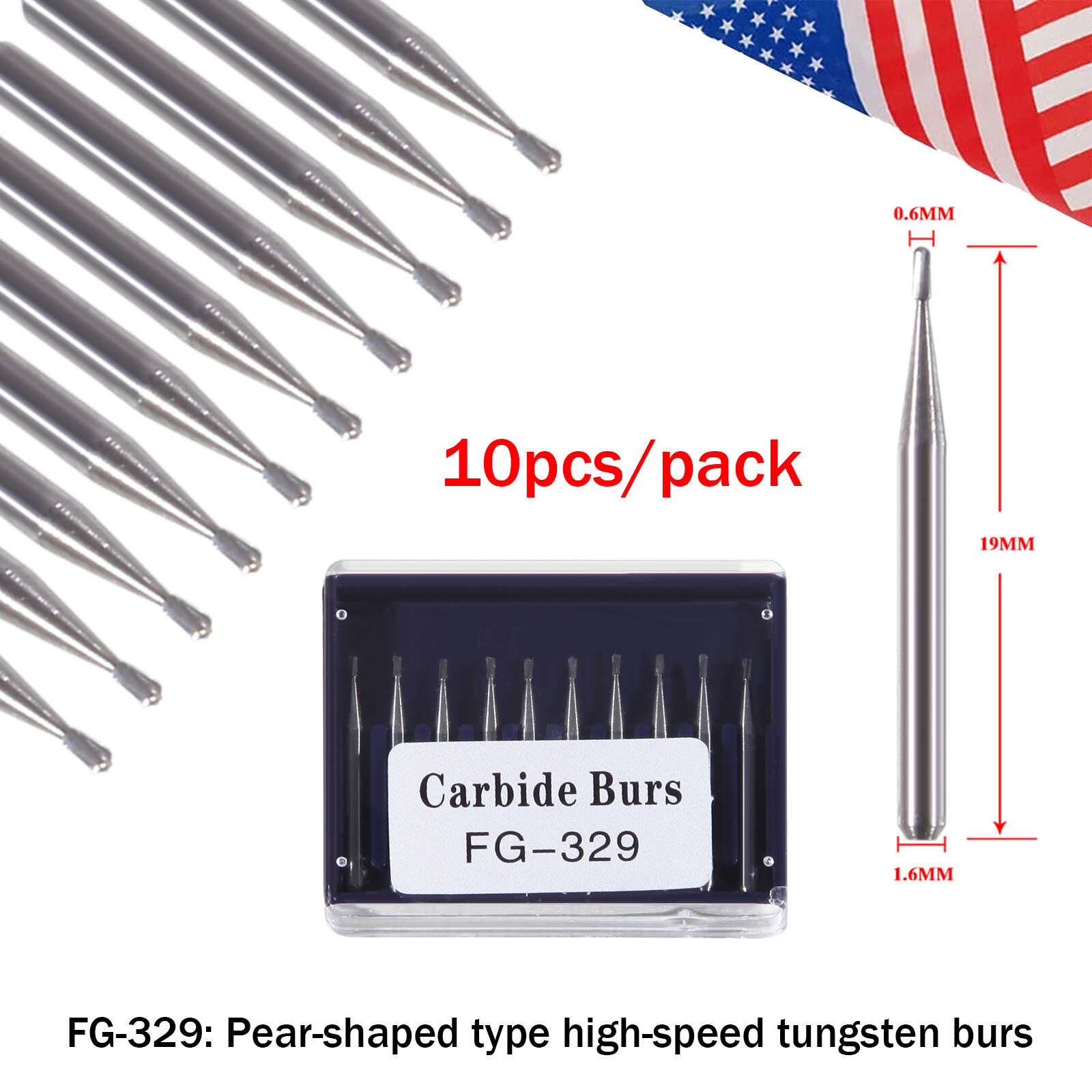 10Pcs Dental Carbide Bur FG 329 Pear for High Speed Handpiece Friction Grip Burs