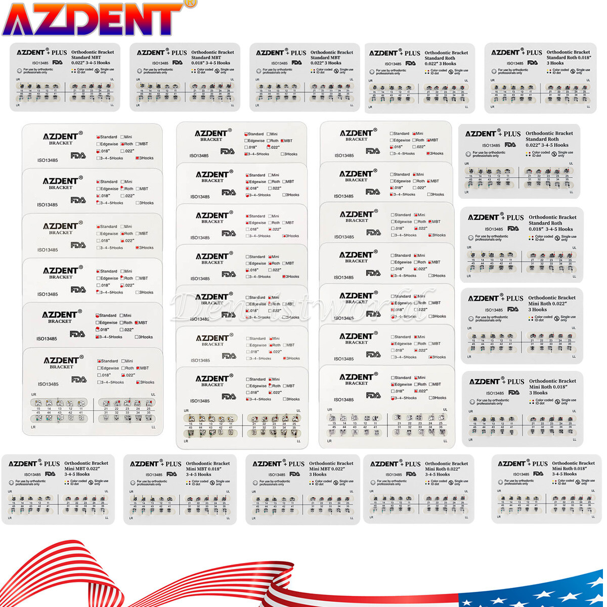 10X AZ Dental Ortho Metal Brackets Braces Mini/Standard Roth/MBT .022 Hooks 345