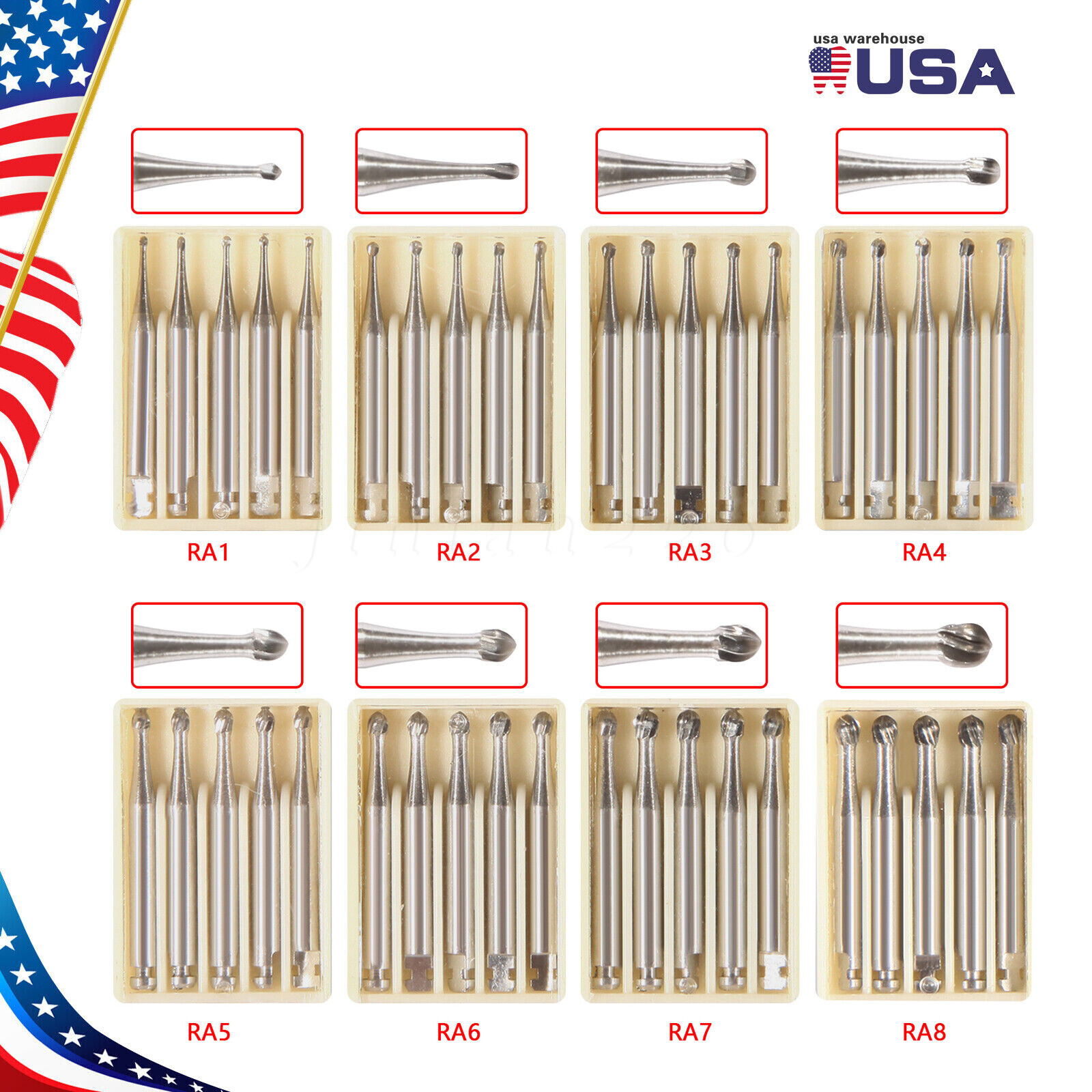 5 pcs Dental RA #1-8 Round Carbide Burs for Slow Speed Latch 22.5mm