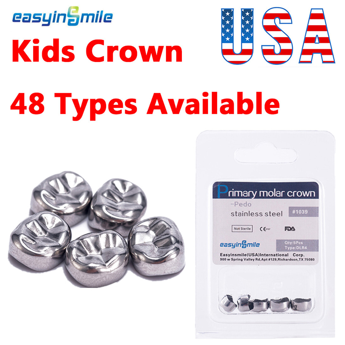 Dental Kids Crown Stainless Steel Crown Primary Molar Pediatric EASYINSMILE 5Pcs