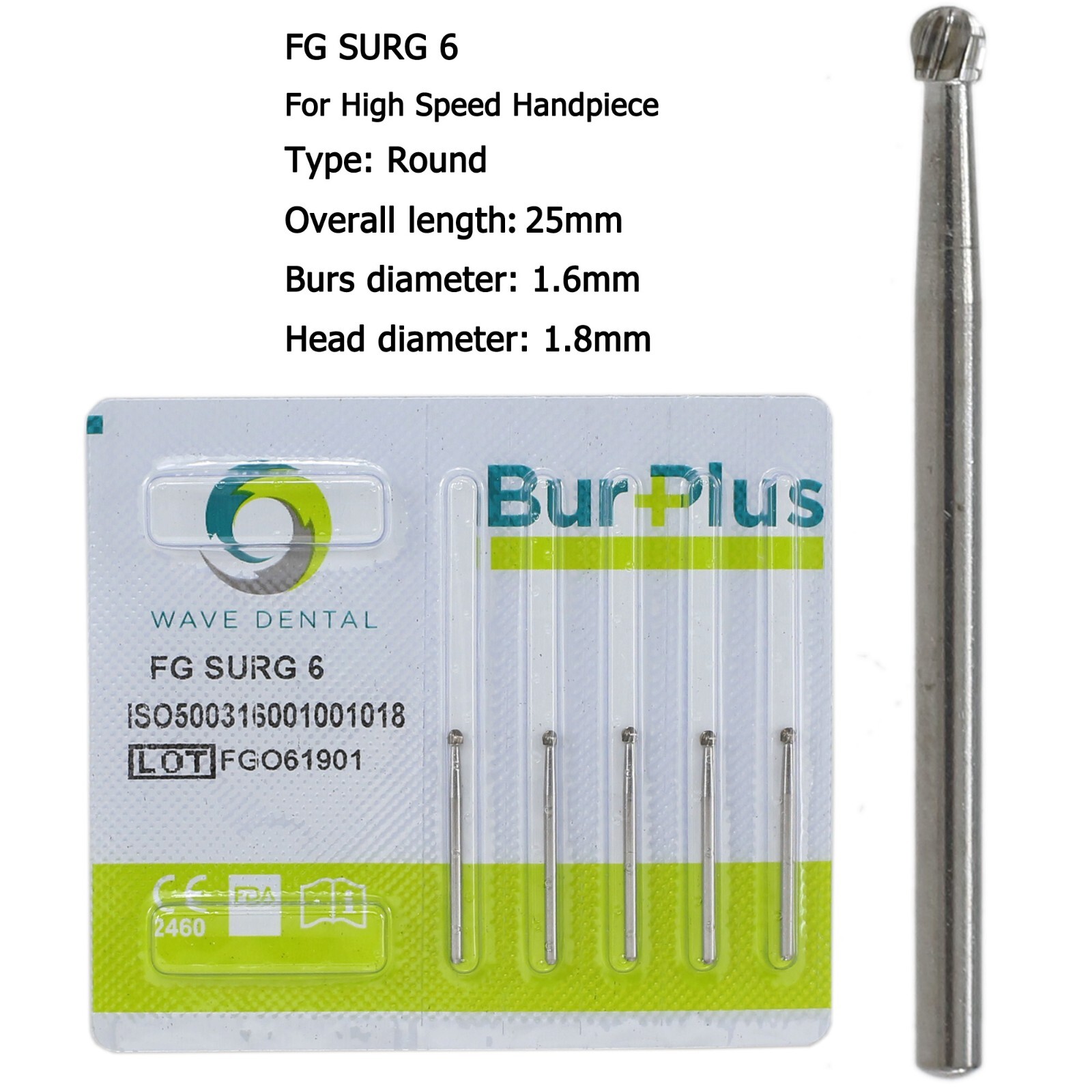 WAVE Dental Surgical Round Burs 2 4 6 8 FG SURG Long 25mm Carbide Bur High Speed