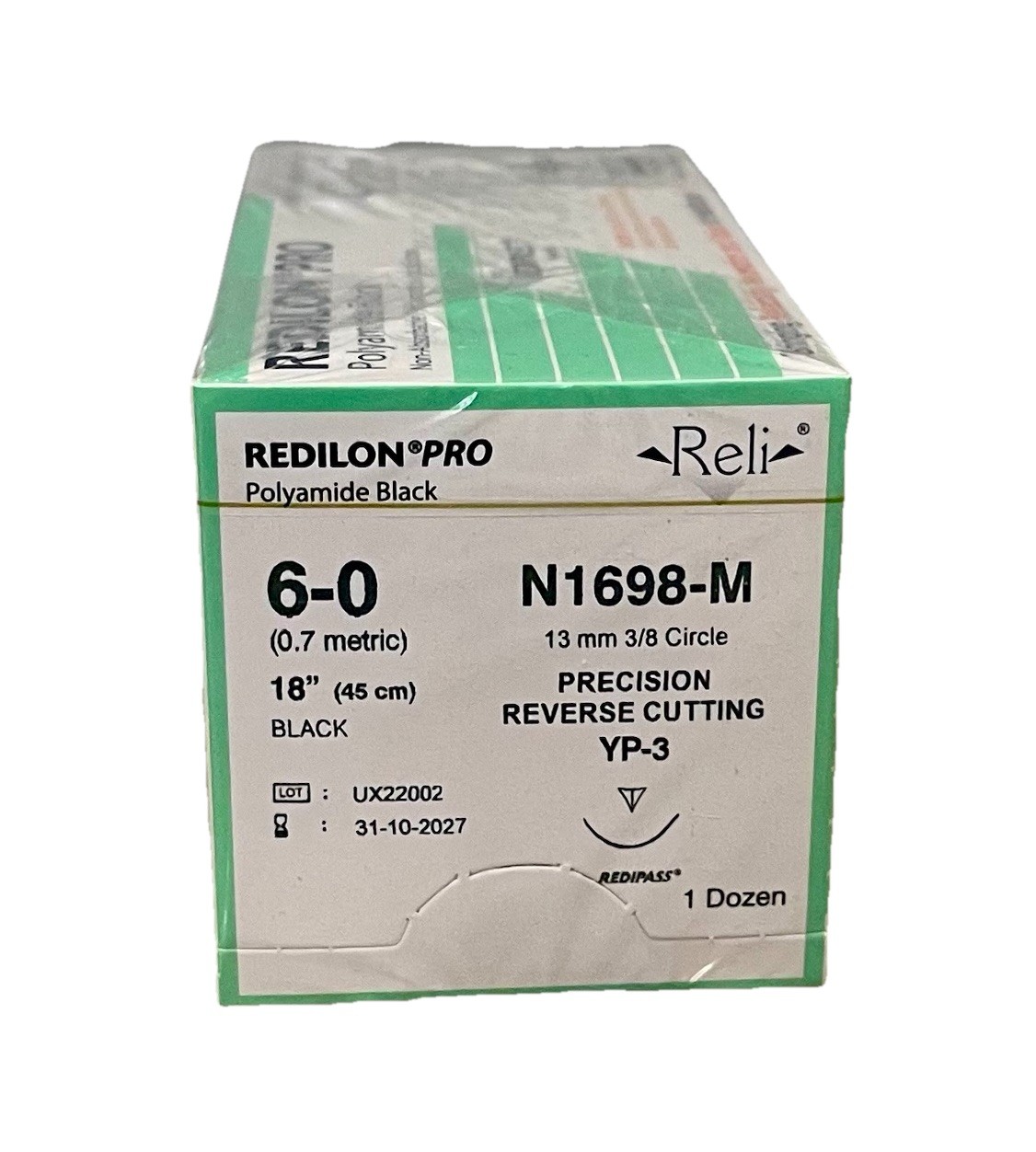 Reli Redilon Pro 6-0 Nylon Suture N1698-M 13mm 3/8 RC YP-3 Exp 2027 12ct