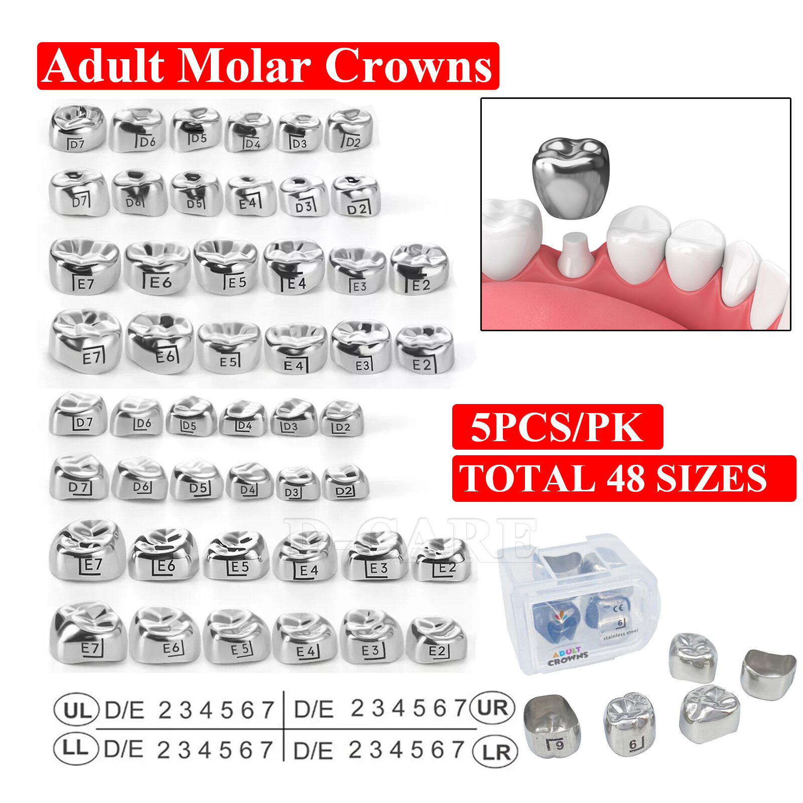 Dental Adult Crown Stainless Steel Primary Permanent Molar Crowns 5Pcs/Box