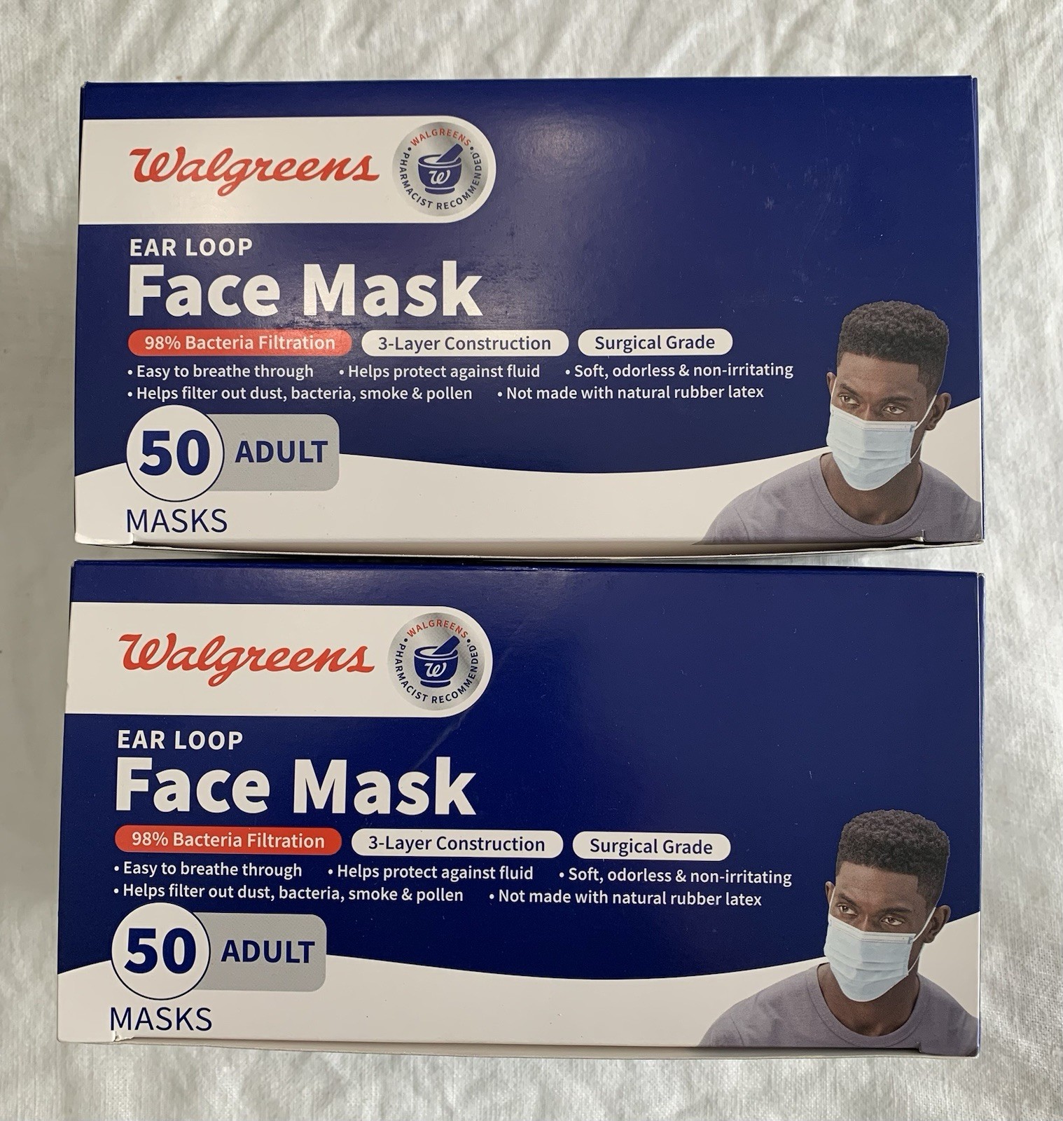 2 Pack Walgreens Ear Loop Face Mask Box 50 Count (100 Total) 3 Layer Adult Sz/
