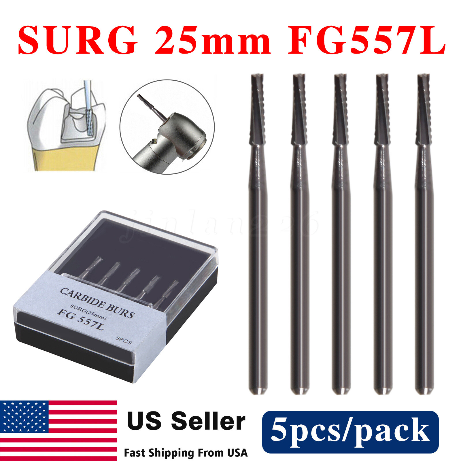 50pcs Dental Surgical Burs Carbide Bur FGOS 557 Straight Fissure FG SURG 25mm