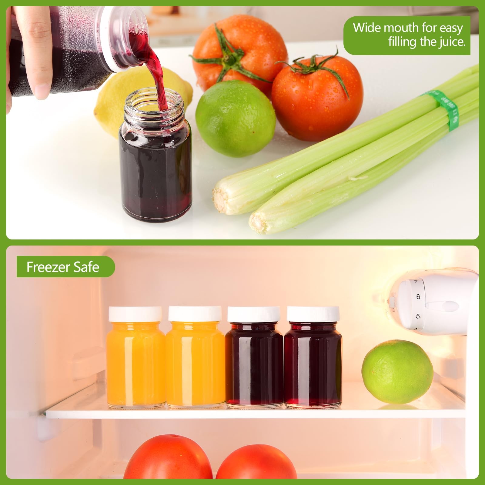 24 Pack 2 oz Reusable Small Glass Bottles with Lids, Wellness 2oz_24pack