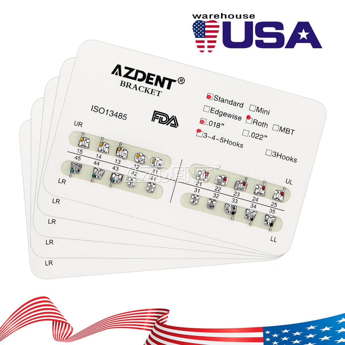 AZDENT Dental Orthodontic Brackets Braces Standard Roth/MBT 018/022 Hooks 3/345