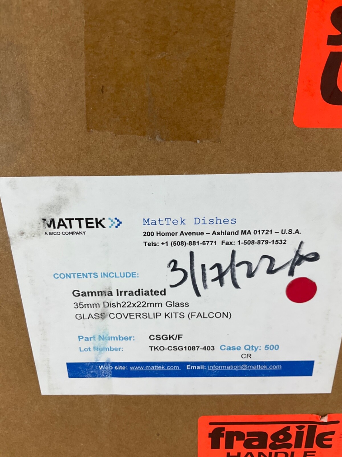MatTek 35mm 22x22mm Dish CSGK/F Coverslip Kits Flacon (20)