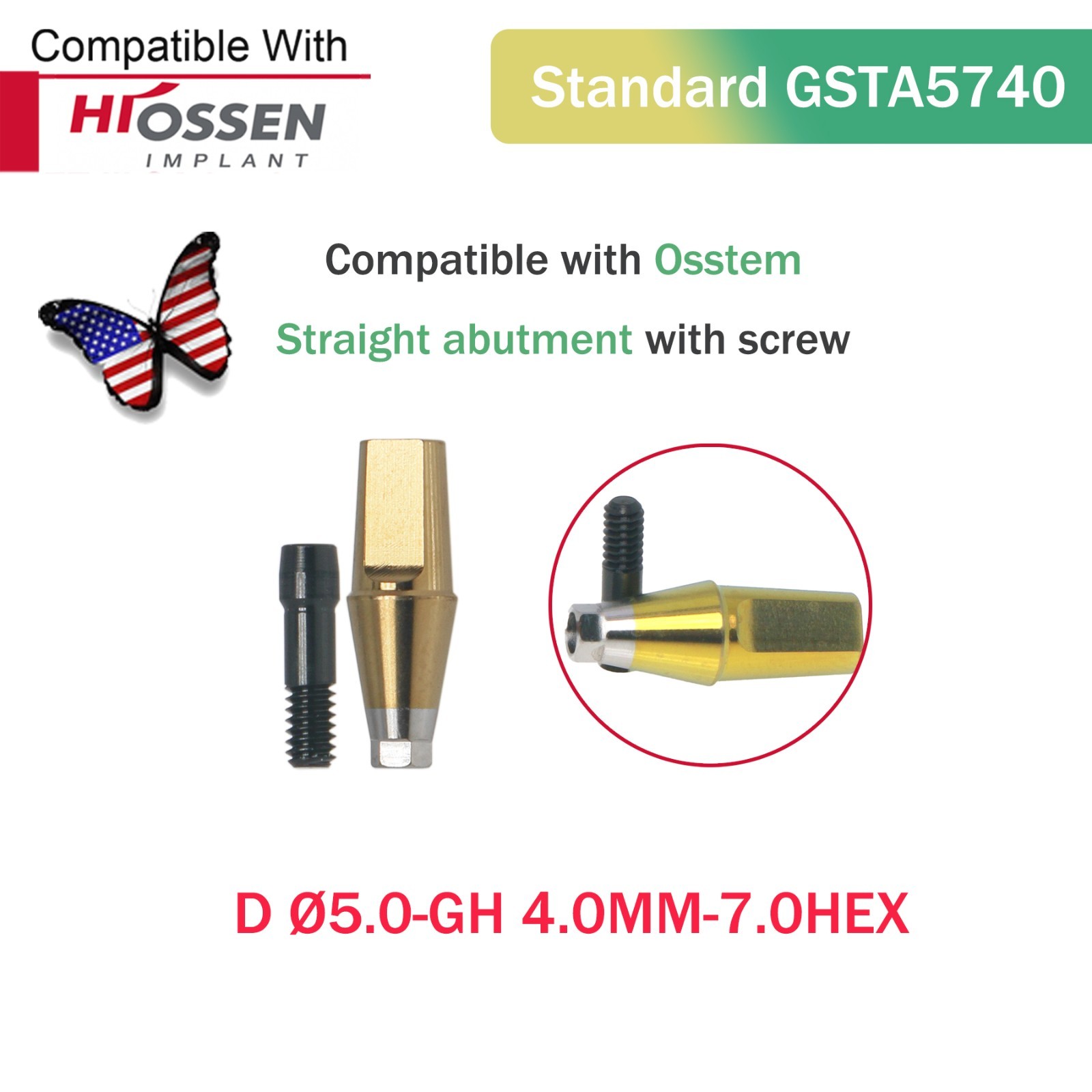 US Dental Mini/Regular Straight Transfer Hex Abutment – Fit Hiossen ET/Osstem TS