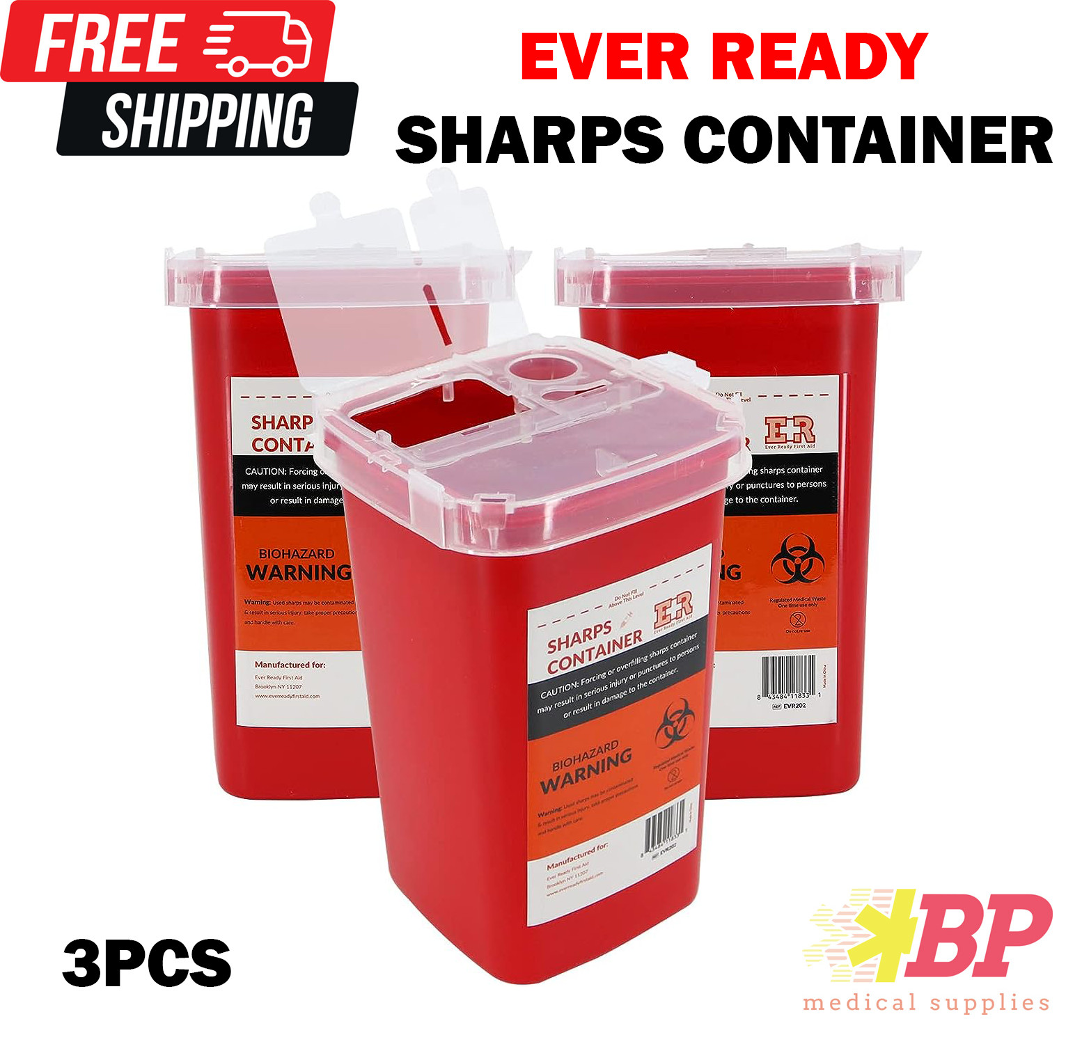 Ever Ready EVR202 Sharps Container Waste Disposal 1 Quarts / 32oz – RED 3PCS