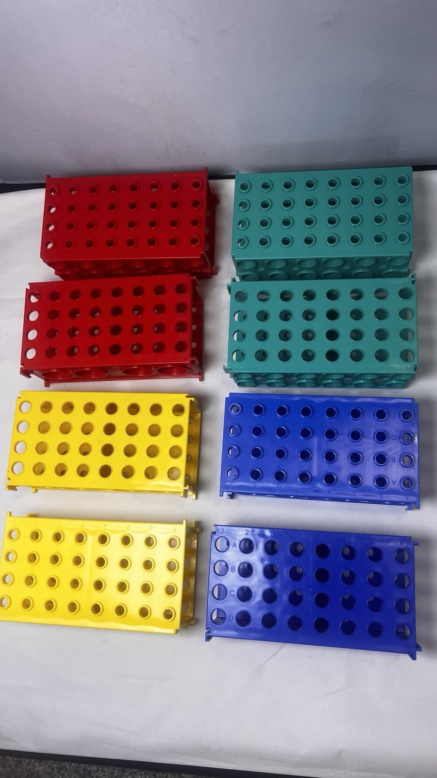 Lot of 8 Plastic Test Tube Racks Lab Holder Mixed Sizes Colors