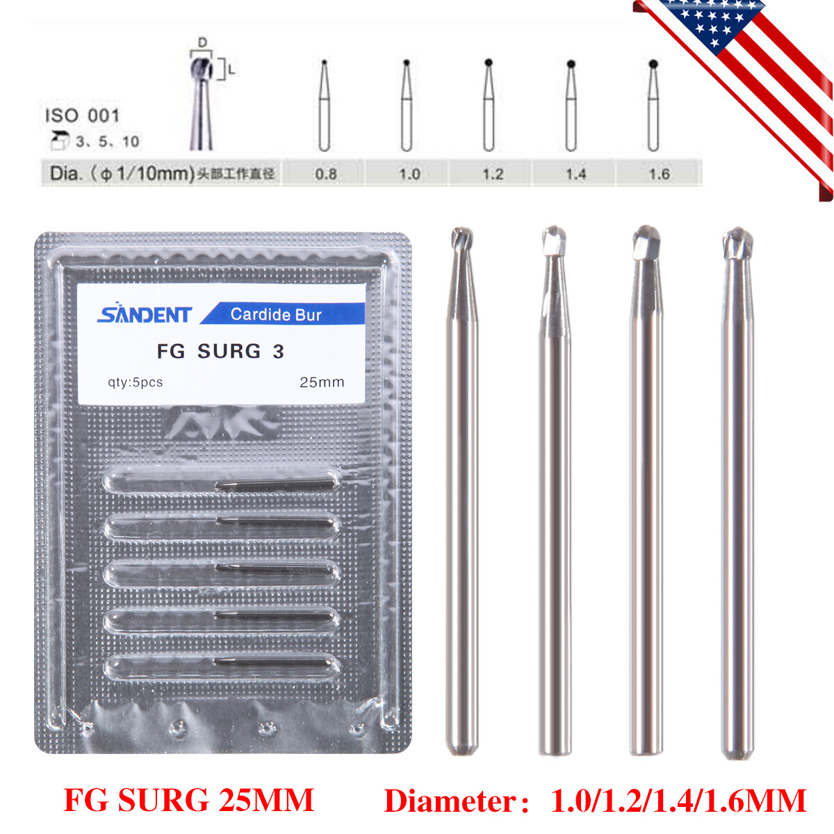 FG SURG 25mm Dental Tungsten Carbide Round Bur Head 1.0mm 1.2mm 1.4mm 1.6mm OR