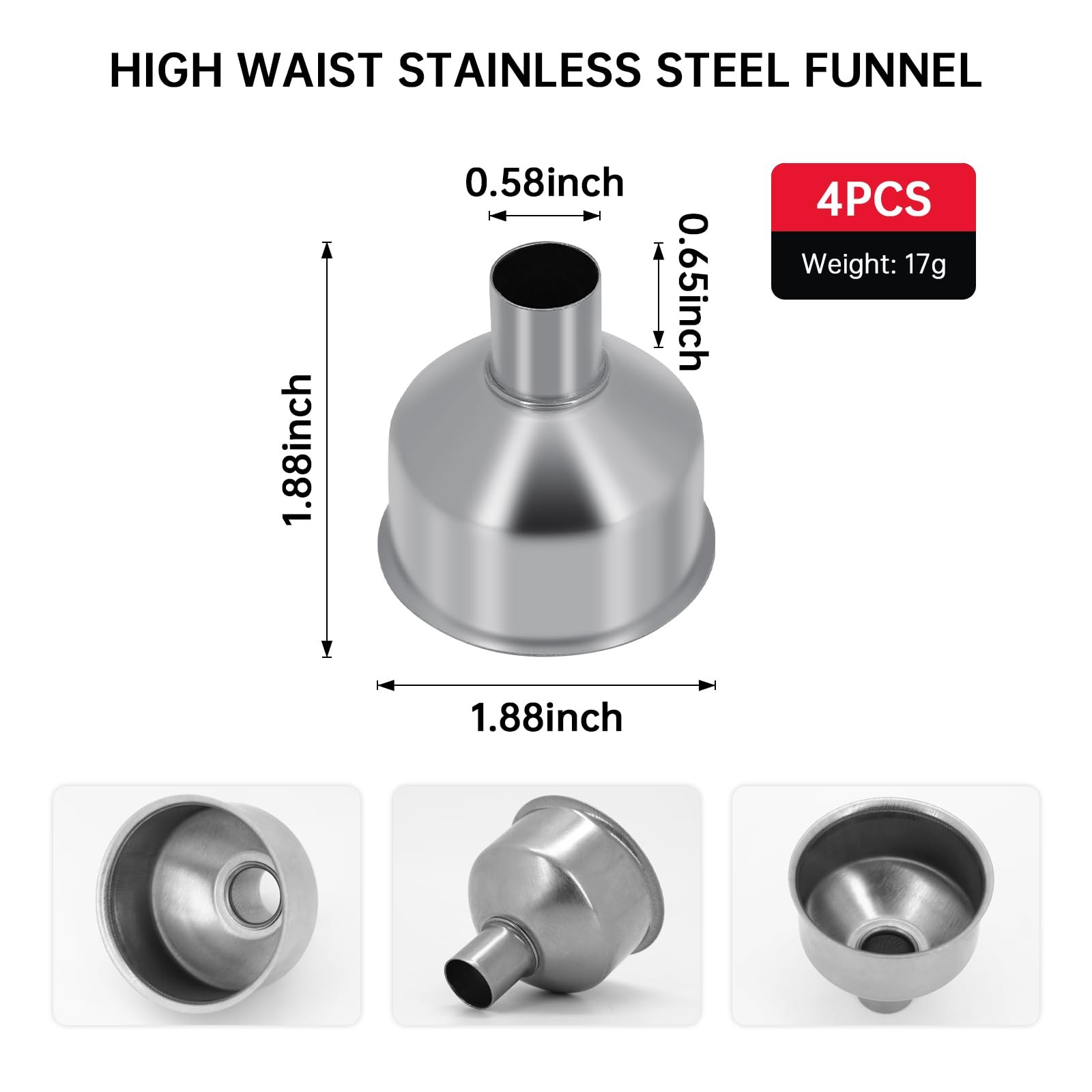 4Pcs Stainless Steel Small Funnel for Flask Funnels Drinking Silver