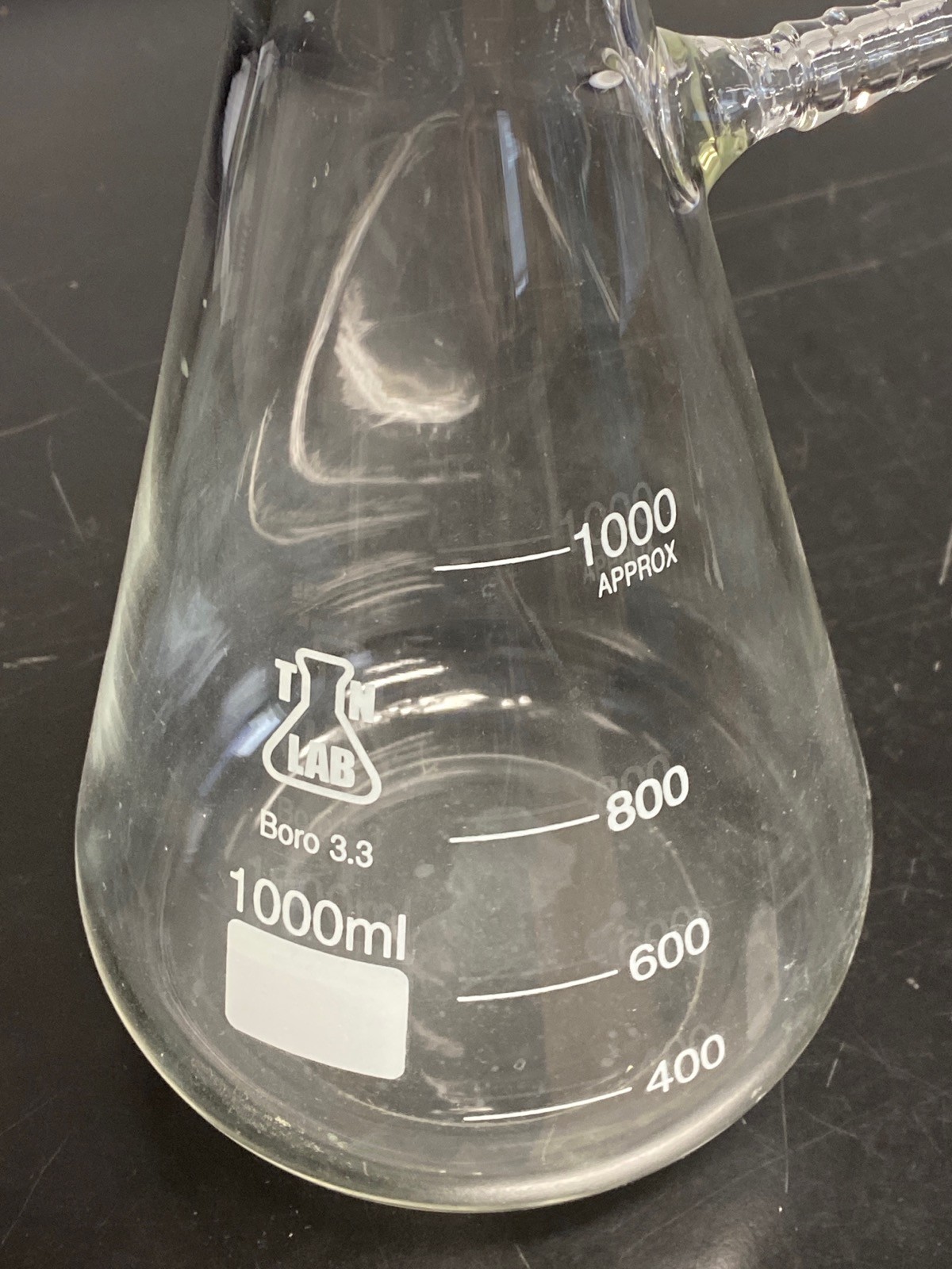 Used Lab 1000mL Heavy Wall Graduated Glass Erlenmeyer Filter Flask w/Sidearm