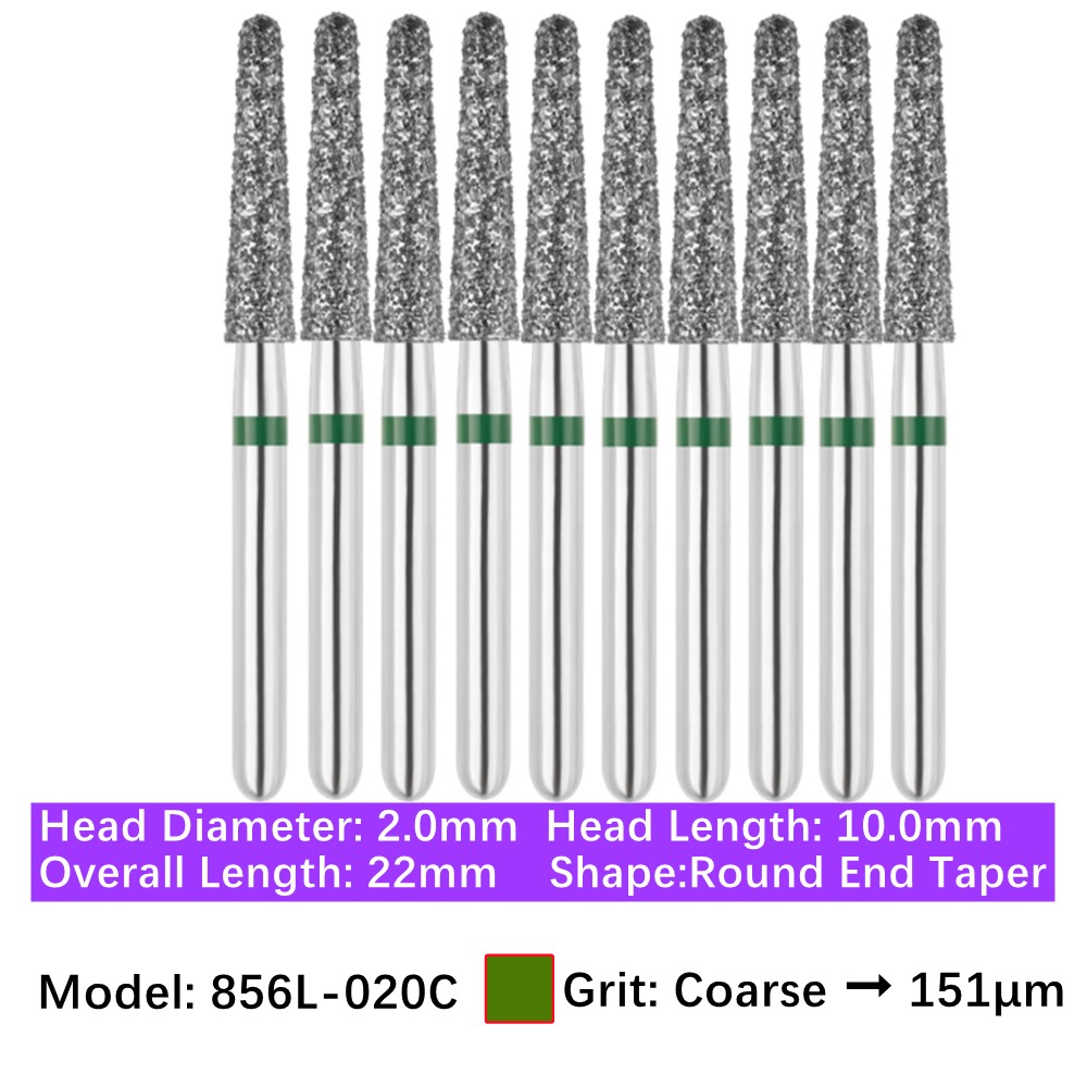 Vakker 10pc Dental 856L-020C FG Diamond Burs Coarse Grit Round End Taper Bur