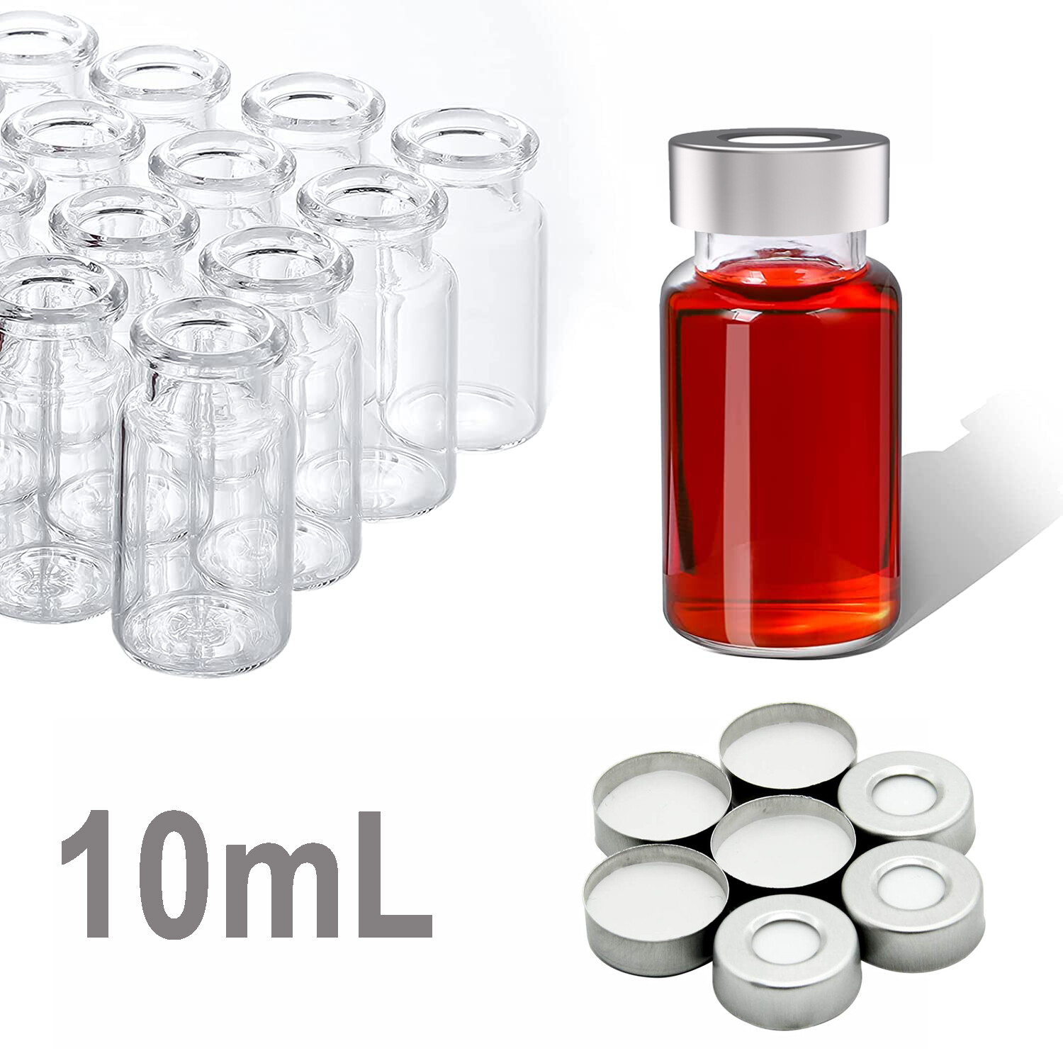 1000PCS 10ml Sample Vials+Aluminum Caps 20mm Crimp Top Clear Glass Bottle HPLC