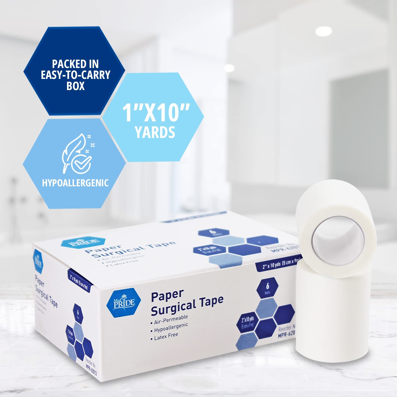 MED PRIDE Hypoallergenic Latex Free 2 Inch x 10 Yards (Pack of 6), White