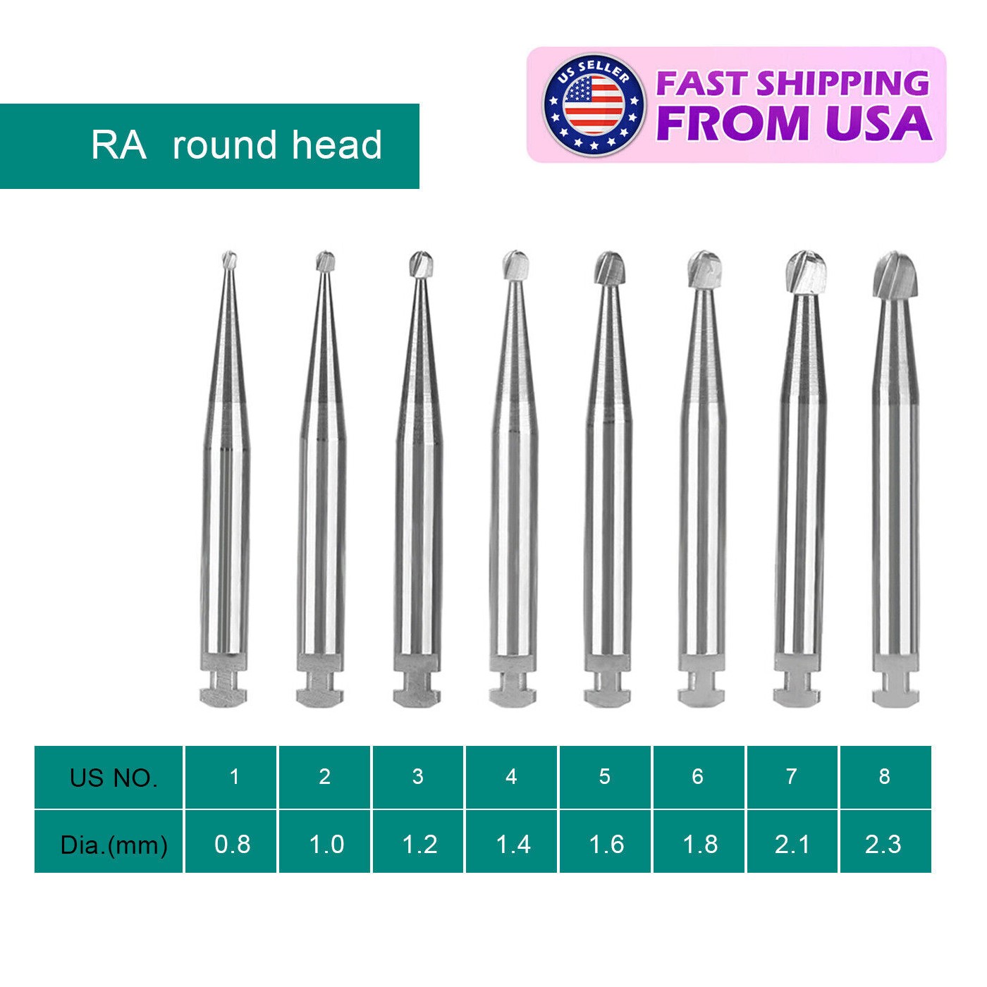 5pcs Dental Round Carbide Bur for Slow Speed Latch Type RA 1# -RA 8#
