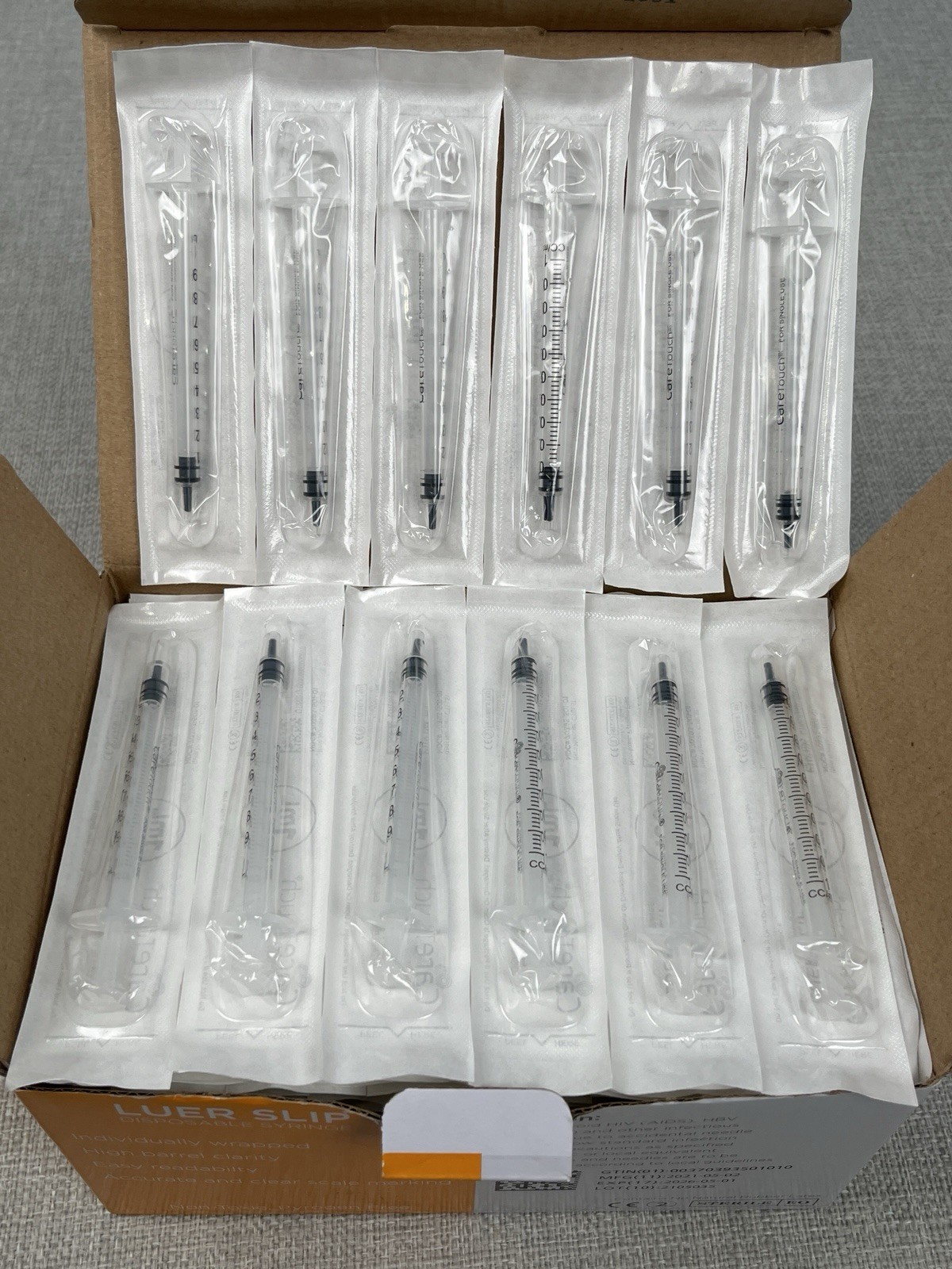 100x CareTouch Luer Lock Disposable Syringes (NO Needle) 1 cc/mL EXP 05/01/2026