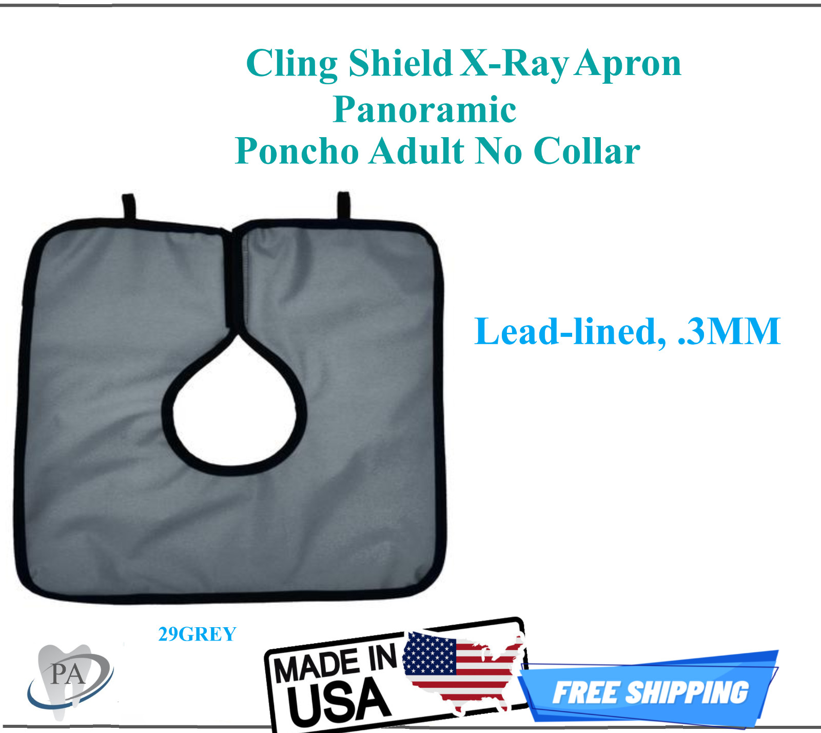 Dental X-Ray Apron Cling Shield® Pano Cape Apron .3 mm, Lead Lined, Gray, USA
