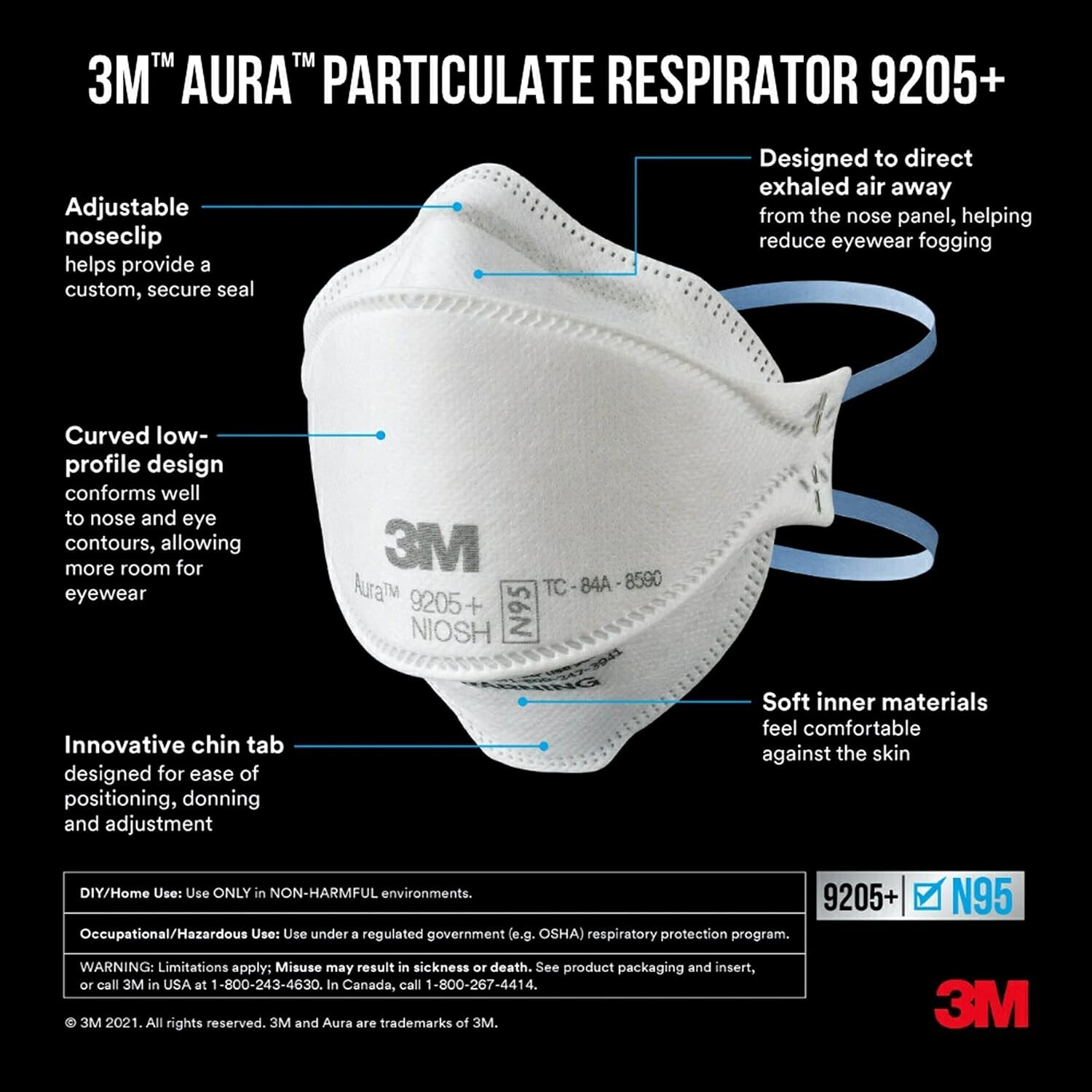 (20 pack) 3M Aura 9205+ N95 NIOSH Particulate Respirator & Surgical Face Masks